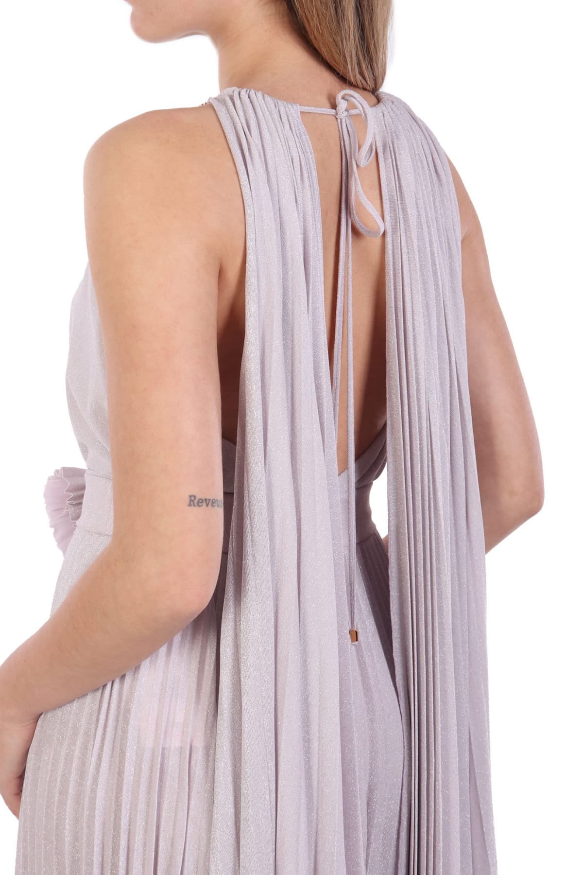 ELISABETTA FRANCHI ΦΟΡΕΜΑ RED CARPET MAXI ΠΛΙΣΕ ΑΝΟΙΓΜΑ ΜΠΡΟΣΤΑ LUREX ΑΠΑΛΟ ΡΟΖ