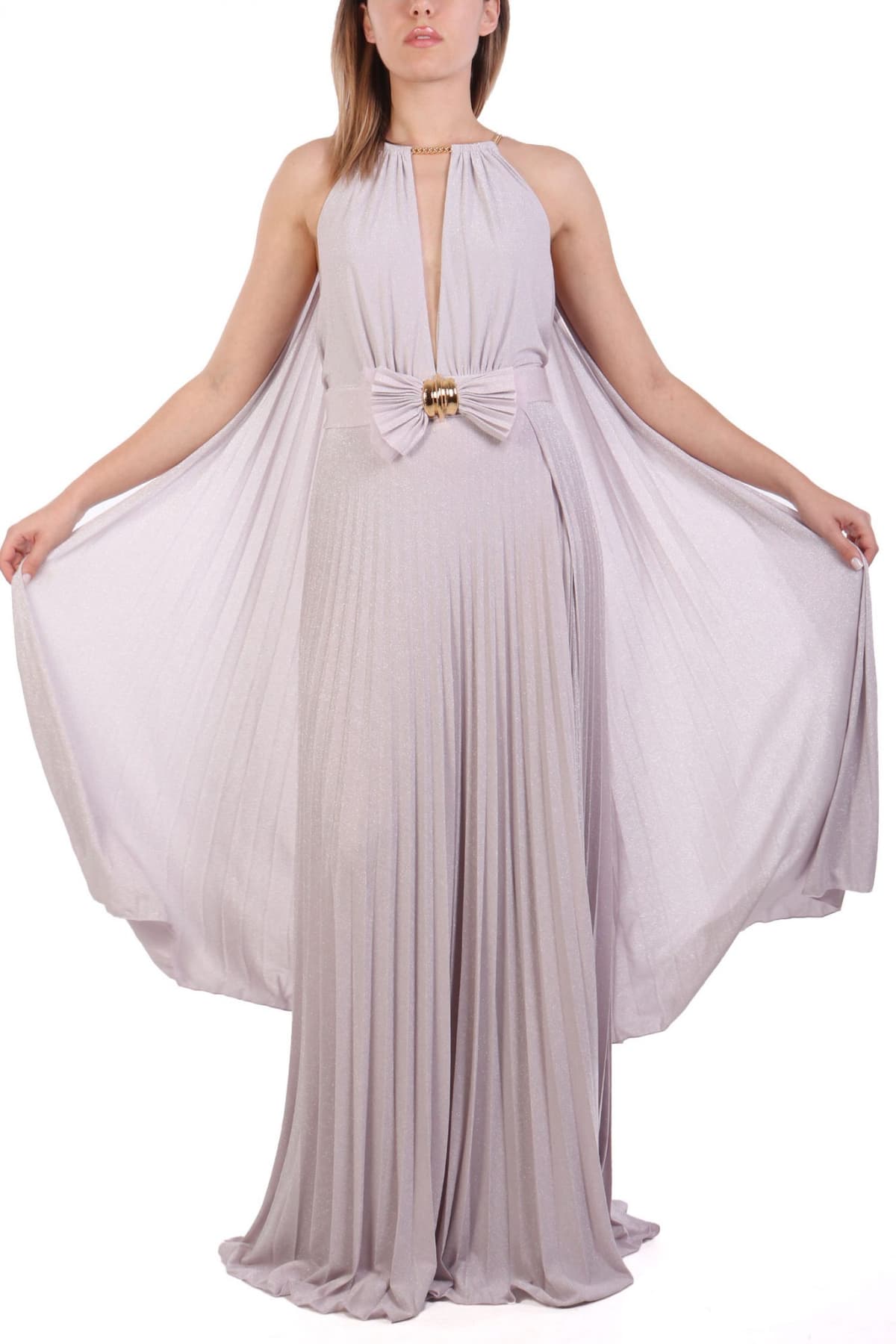 ELISABETTA FRANCHI ΦΟΡΕΜΑ RED CARPET MAXI ΠΛΙΣΕ ΑΝΟΙΓΜΑ ΜΠΡΟΣΤΑ LUREX ΑΠΑΛΟ ΡΟΖ