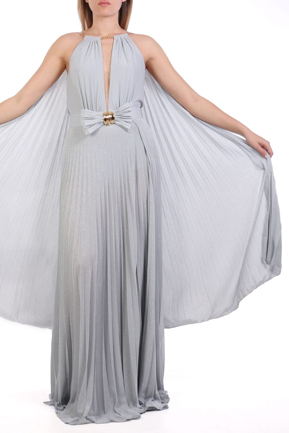 ELISABETTA FRANCHI ΦΟΡΕΜΑ MAXI RED CARPET ΠΛΙΣΕ ΑΝΟΙΓΜΑΤΑ ΠΛΑΙ LUREX ΣΙΕΛ