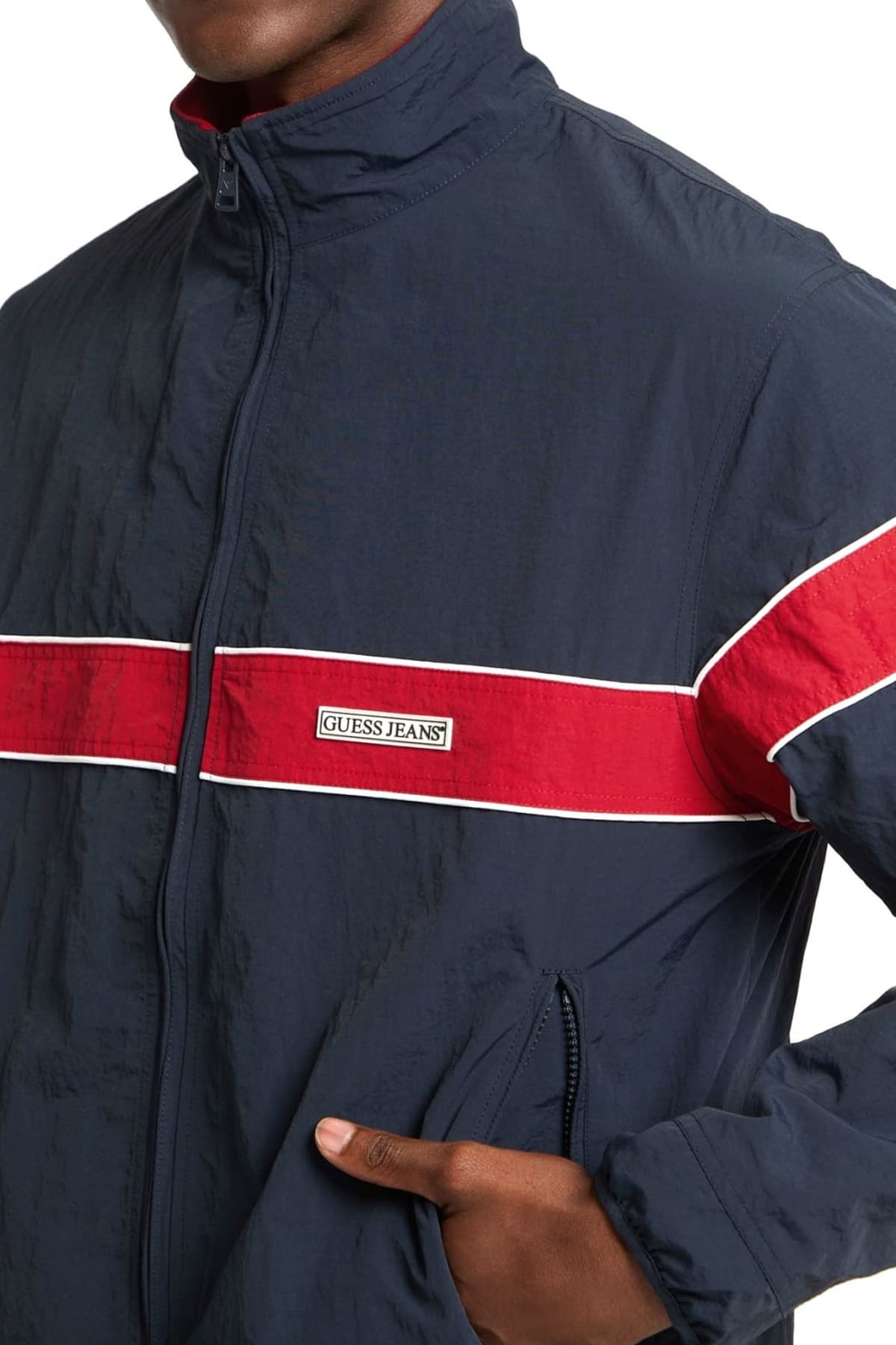 GUESS JEANS ΜΠΟΥΦΑΝ JACKET LOGO ΜΠΛΕ-ΚΟΚΚΙΝΟ