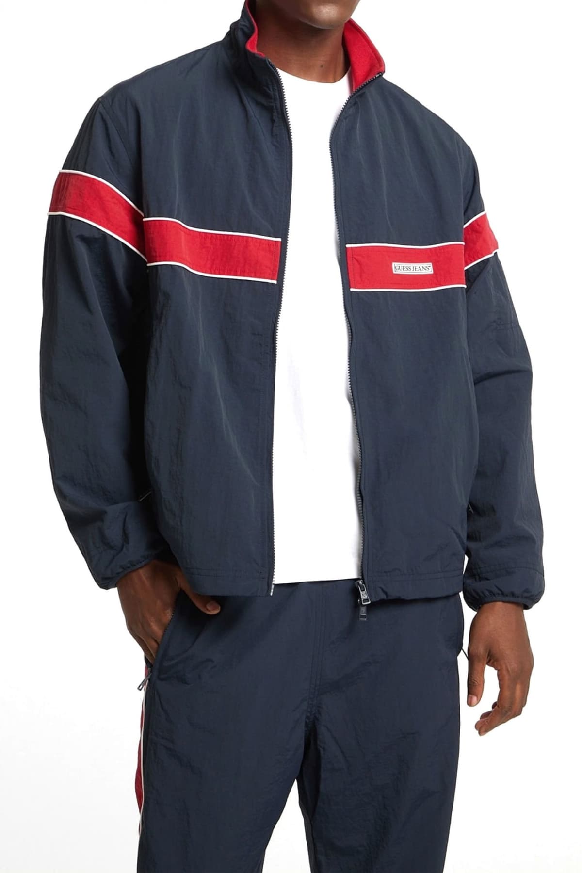 GUESS JEANS ΜΠΟΥΦΑΝ JACKET LOGO ΜΠΛΕ-ΚΟΚΚΙΝΟ