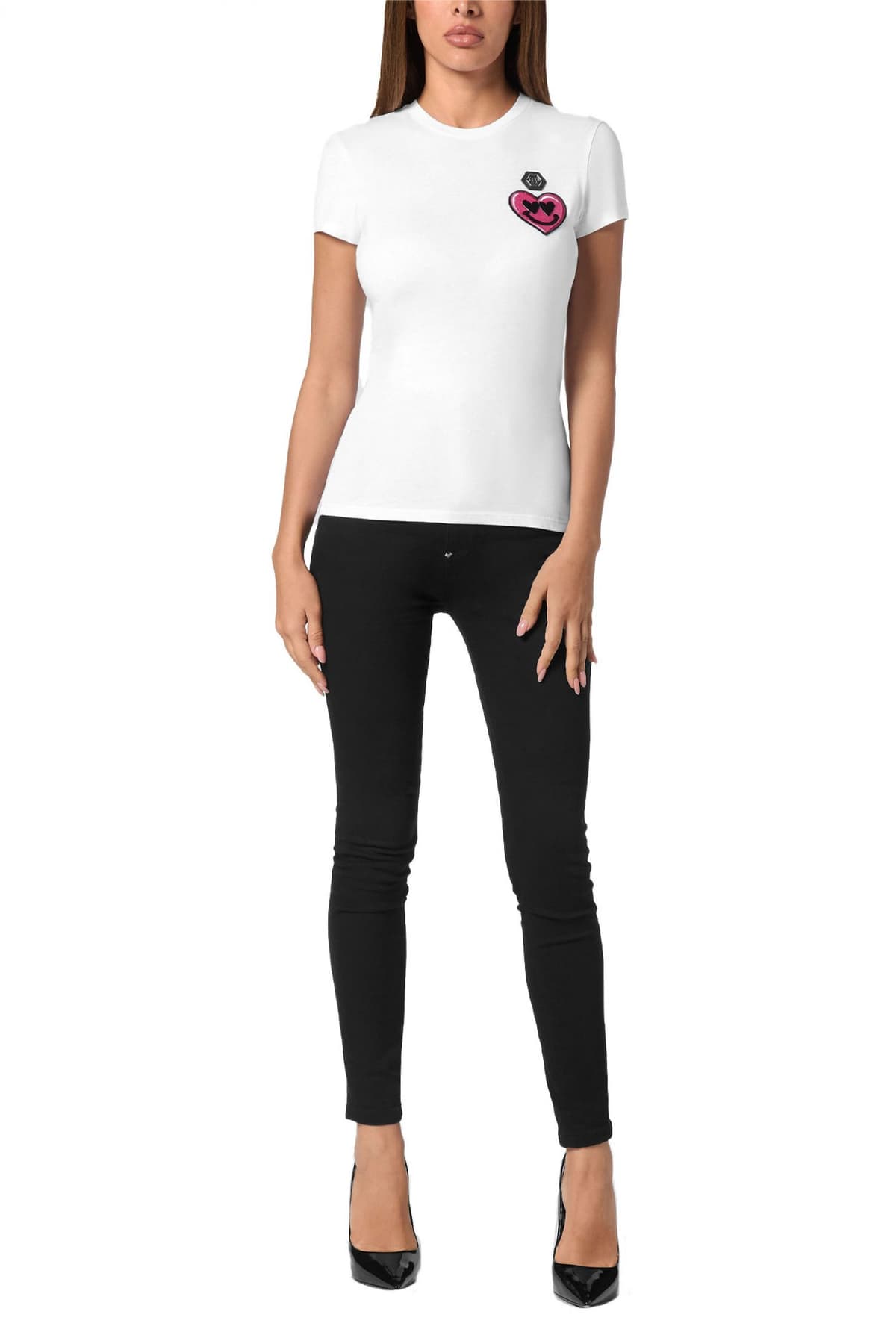 PHILIPP PLEIN T-SHIRT SEXY PURE SS PATCHES ΜΕΤΑΛΛΙΚΟ LOGO ΛΕΥΚΟ