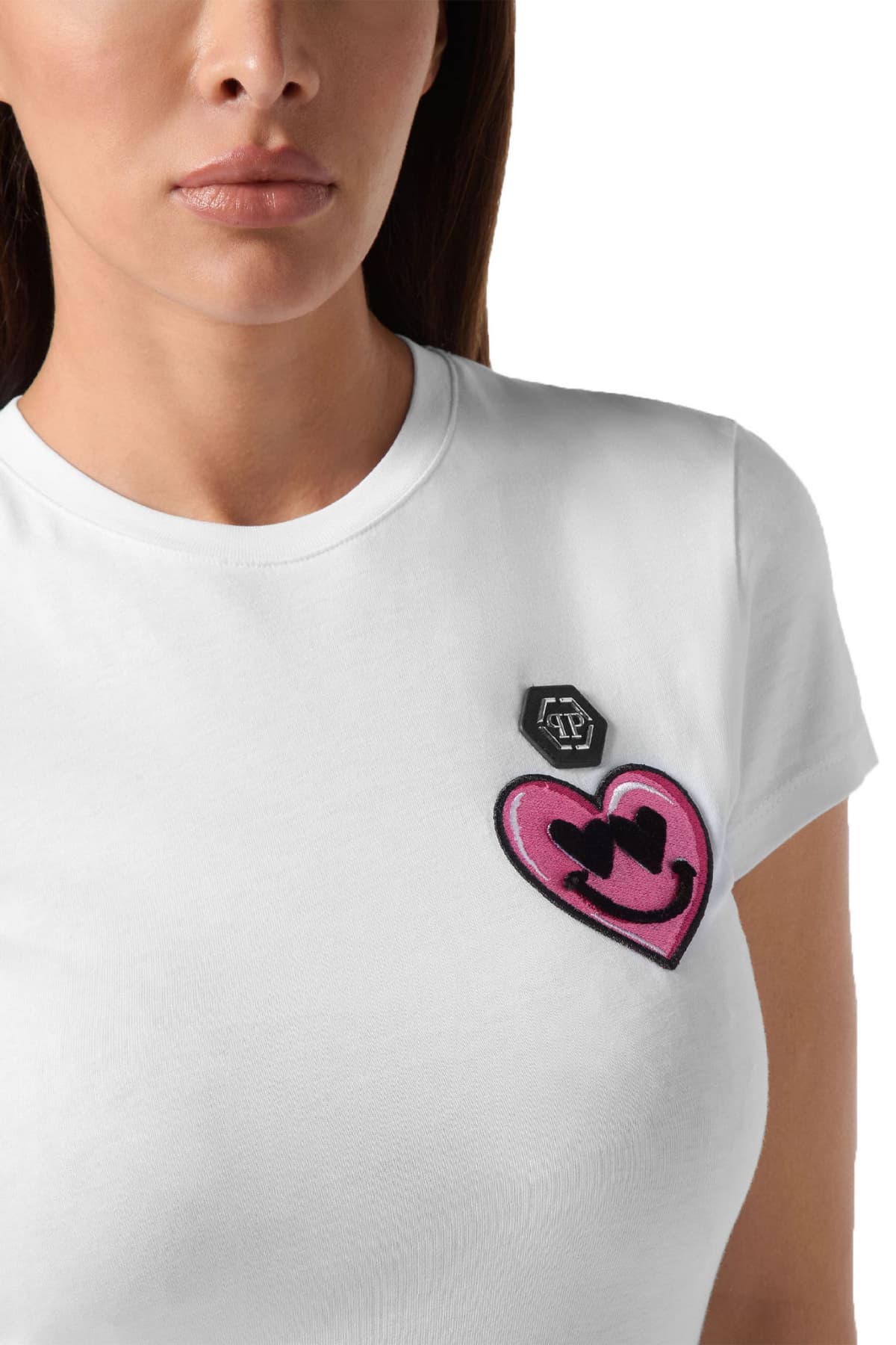 PHILIPP PLEIN T-SHIRT SEXY PURE SS PATCHES ΜΕΤΑΛΛΙΚΟ LOGO ΛΕΥΚΟ