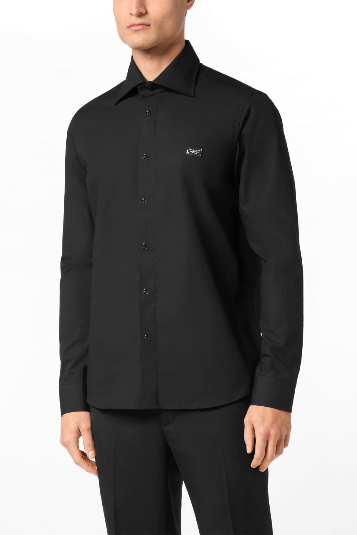 PHILIPP PLEIN ΠΟΥΚΑΜΙΣΟ SUGAR DADDY CUT LS REGULAR FIT LOGO ΜΕΤΑΛΛΙΚΟ ΜΑΥΡΟ