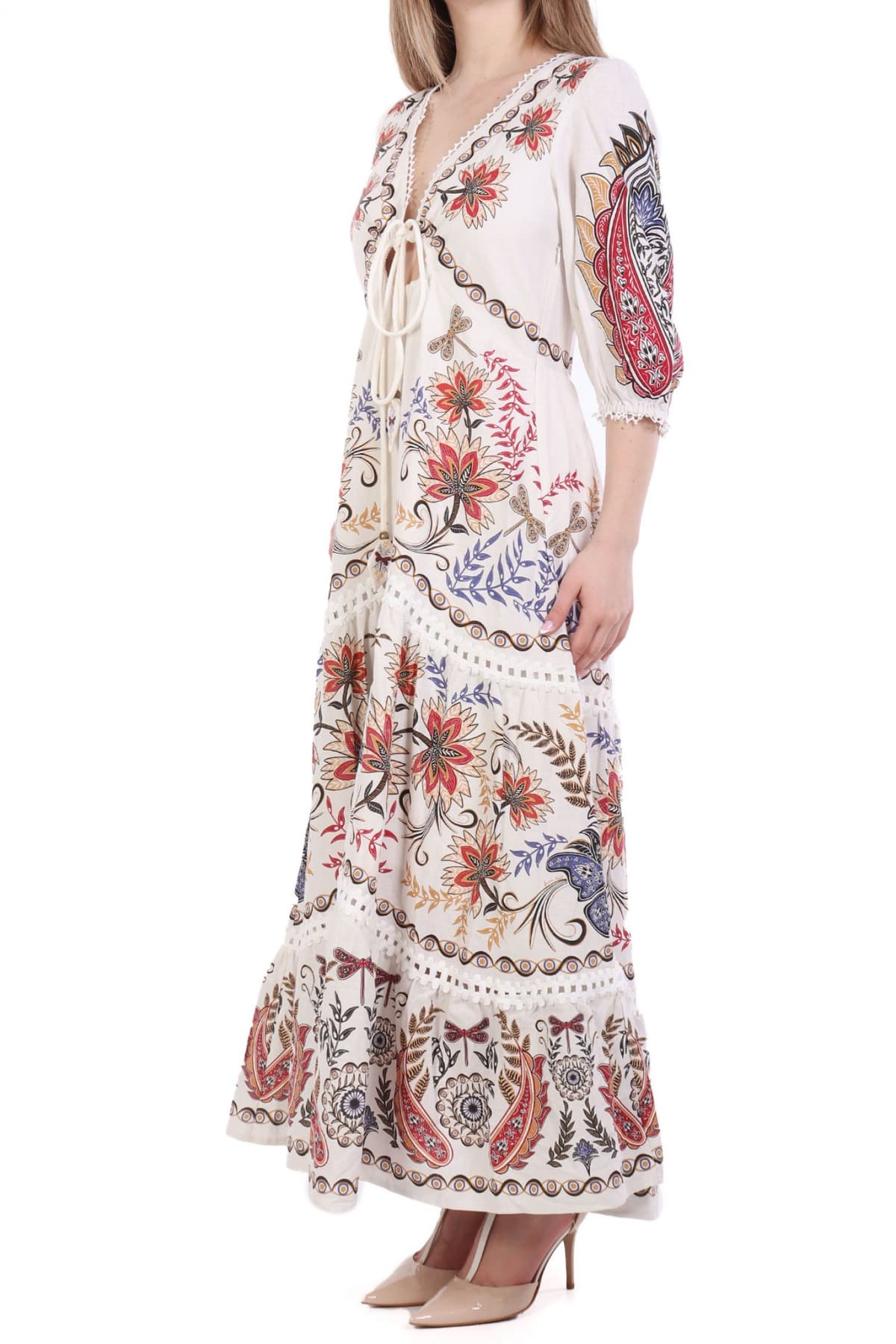 FARM RIO ΦΟΡΕΜΑ MAXI BOHO GLAM ΑΝΟΙΓΜΑ ΜΠΡΟΣΤΑ ΕΜΠΡΙΜΕ ΕΚΡΟΥ