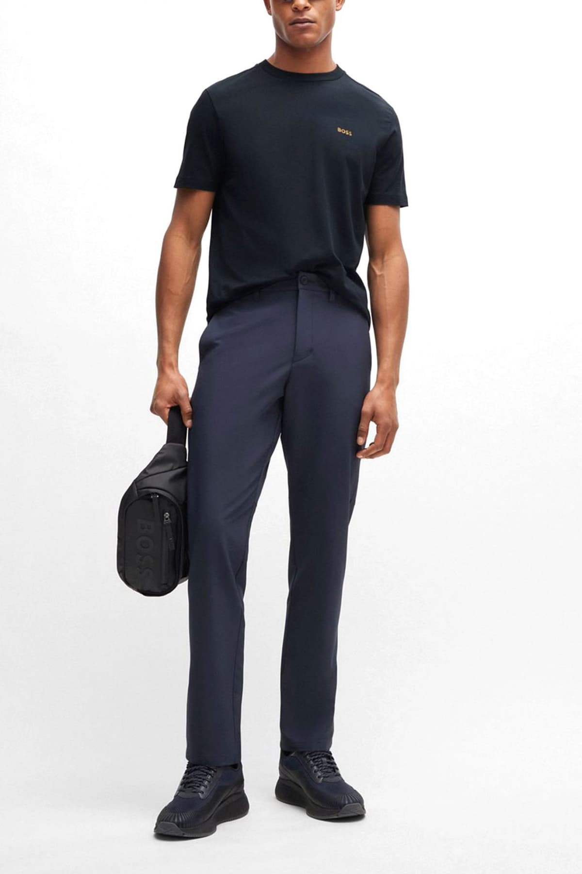 BOSS ATHLEISURE T-SHIRT TEE GOLD LOGO ΜΠΛΕ