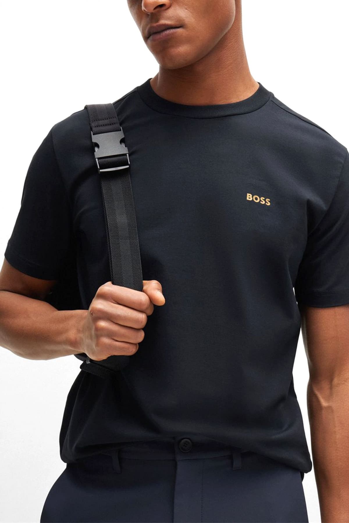 BOSS ATHLEISURE T-SHIRT TEE GOLD LOGO ΜΠΛΕ