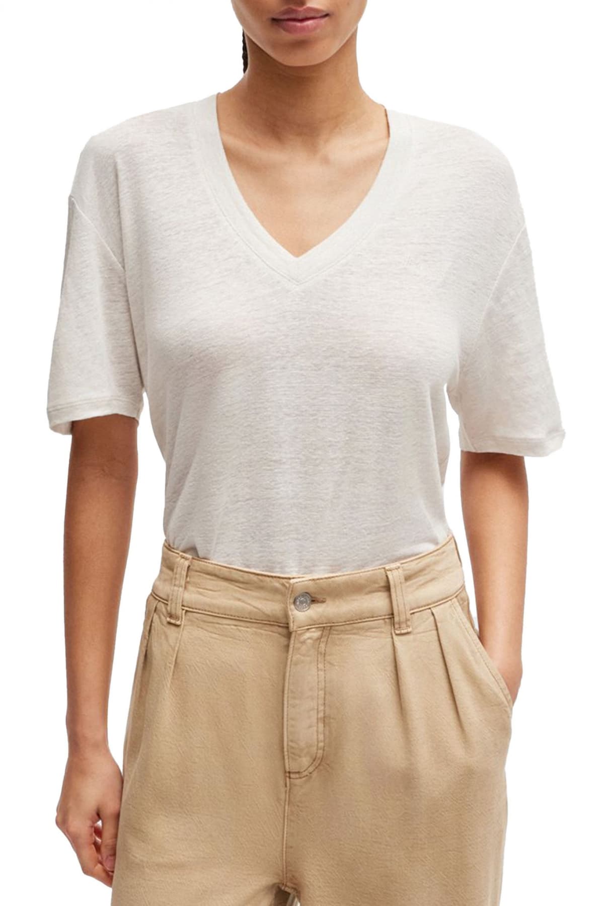 BOSS T-SHIRT C_ELA V-NECK LOGO ΕΚΡΟΥ