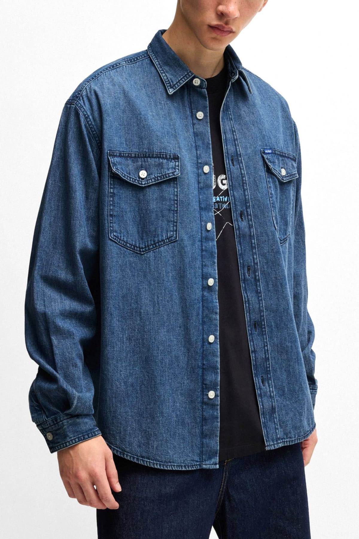 HUGO BLUE ΠΟΥΚΑΜΙΣΟ JEANS EBINO ΜΠΛΕ