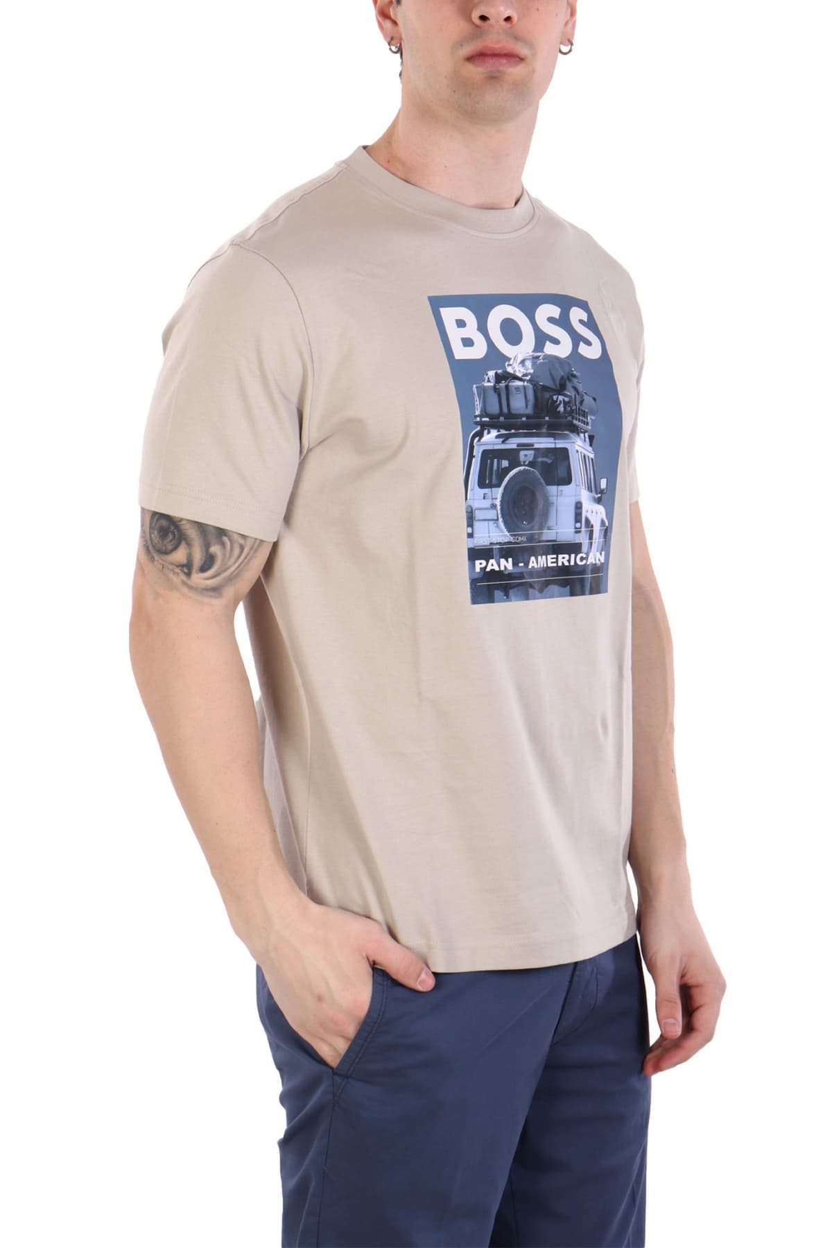 BOSS CASUAL T-SHIRT ΜΕ ΣΤΑΜΠΑ REGULAR FIT TE_MEXTOUR ΑΝΟΙΧΤΟ ΜΠΕΖ