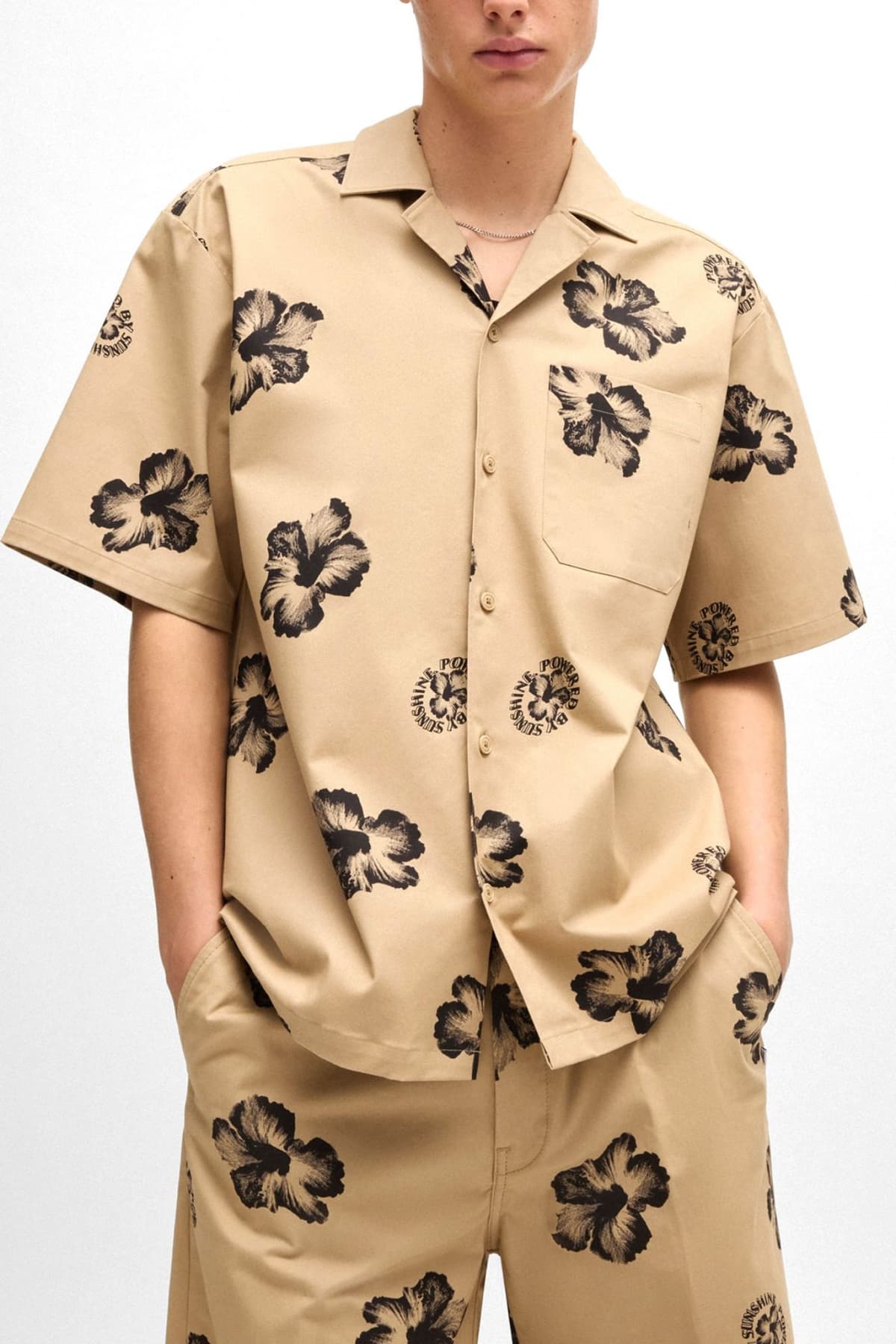 HUGO BLUE ΠΟΥΚΑΜΙΣΟ FLORAL ELIGINO ΜΠΕΖ-ΜΑΥΡΟ