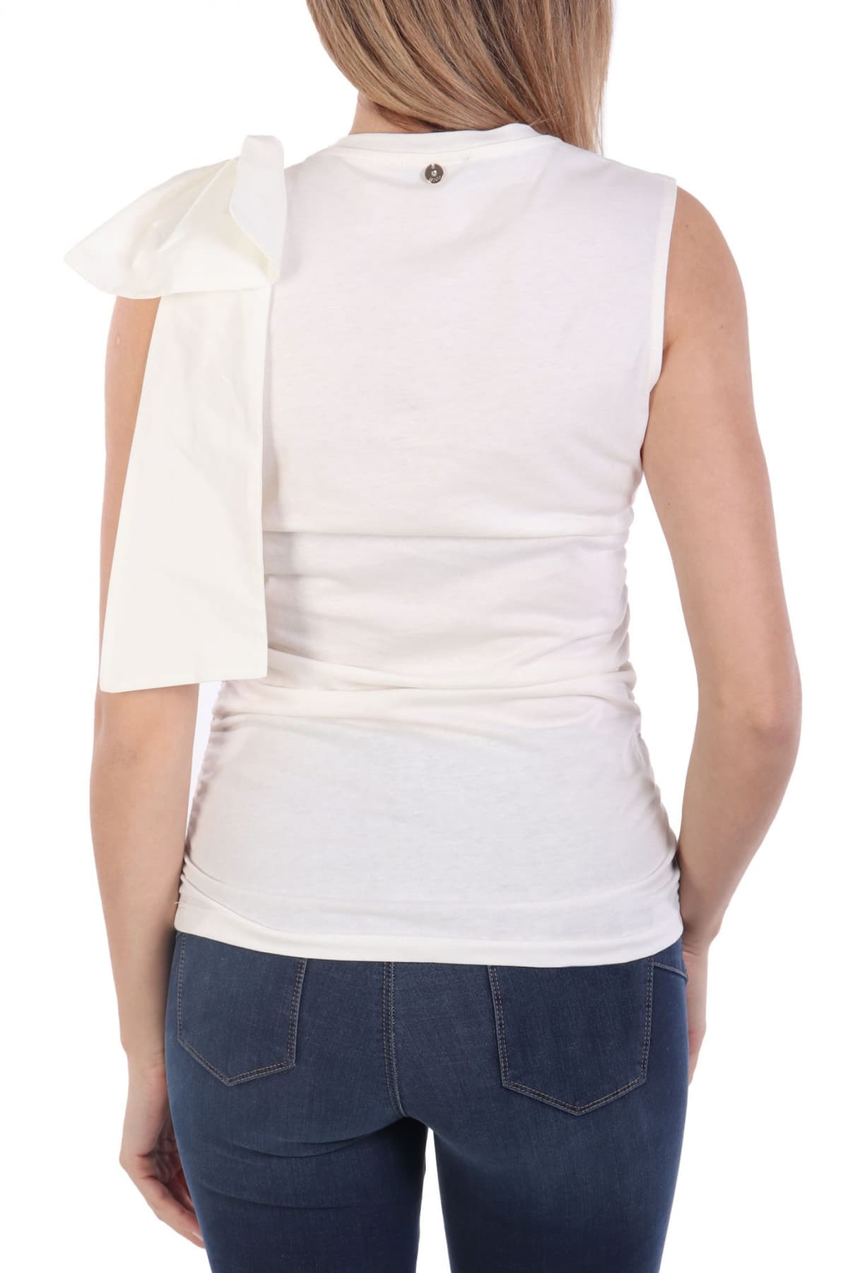 LIU-JO ΜΠΛΟΥΖΑ TOP CON FIOCCO ΑΜΑΝΙΚΟ ΝΤΡΑΠΕ ΦΙΟΓΚΟΣ ΥΠΟΛΕΥΚΟ