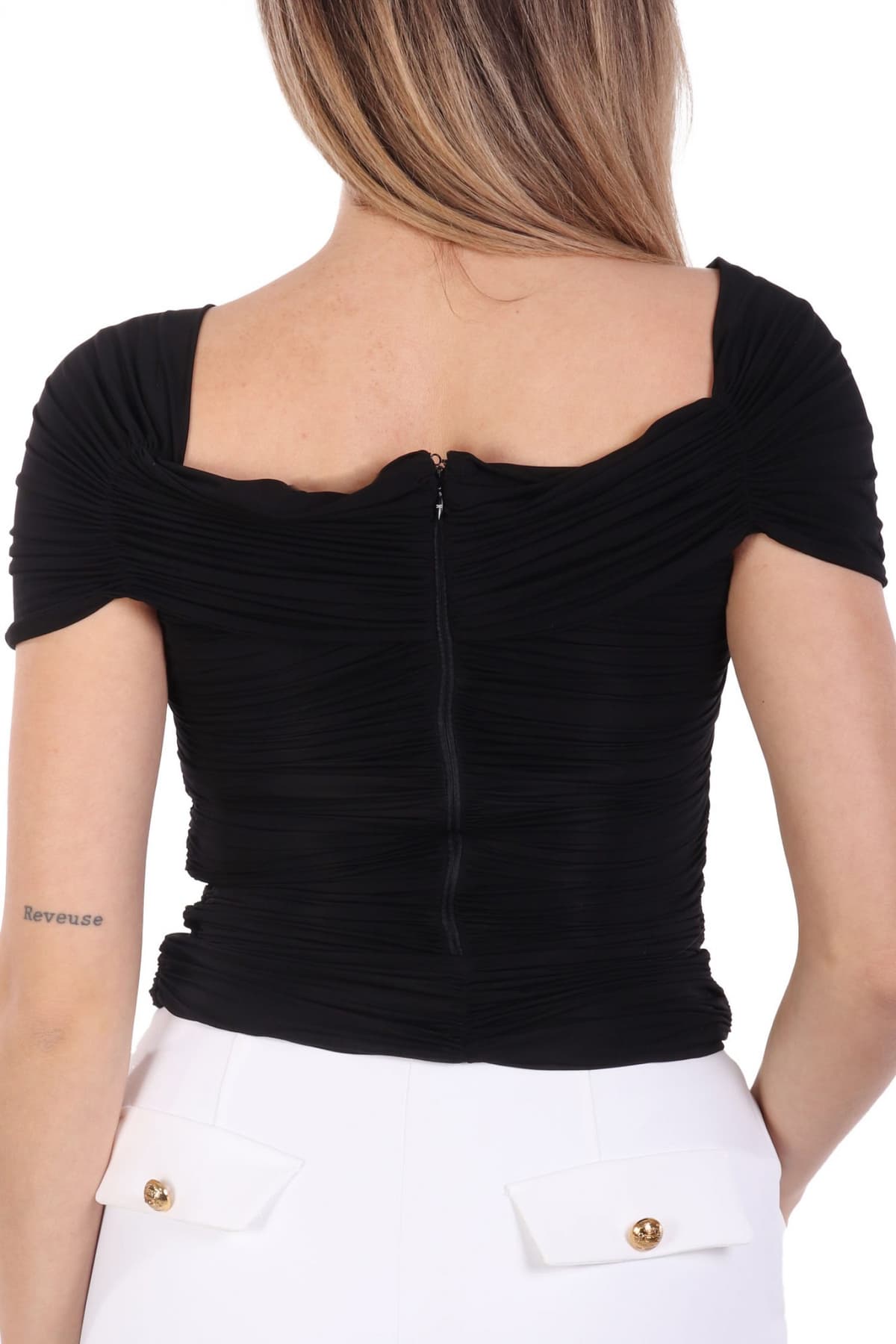 ELISABETTA FRANCHI ΜΠΛΟΥΖΑ TOP V-NECK ΝΤΡΑΠΕ ΜΑΥΡΟ