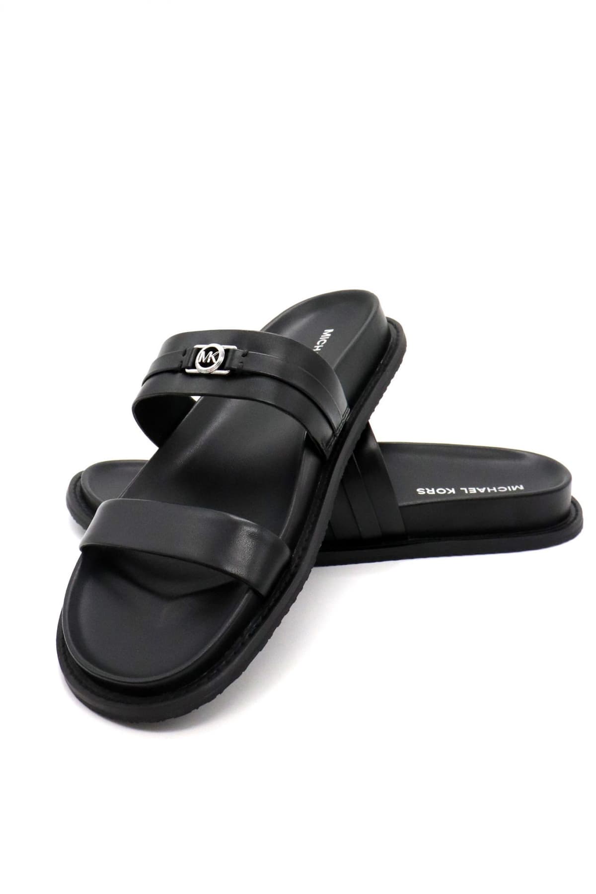 MICHAEL KORS ΠΑΠΟΥΤΣΙΑ ΠΑΝΤΟΦΛΕΣ MANDY FLAT SANDAL ΜΕΤΑΛΛΙΚΟ LOGO ΜΑΥΡΟ