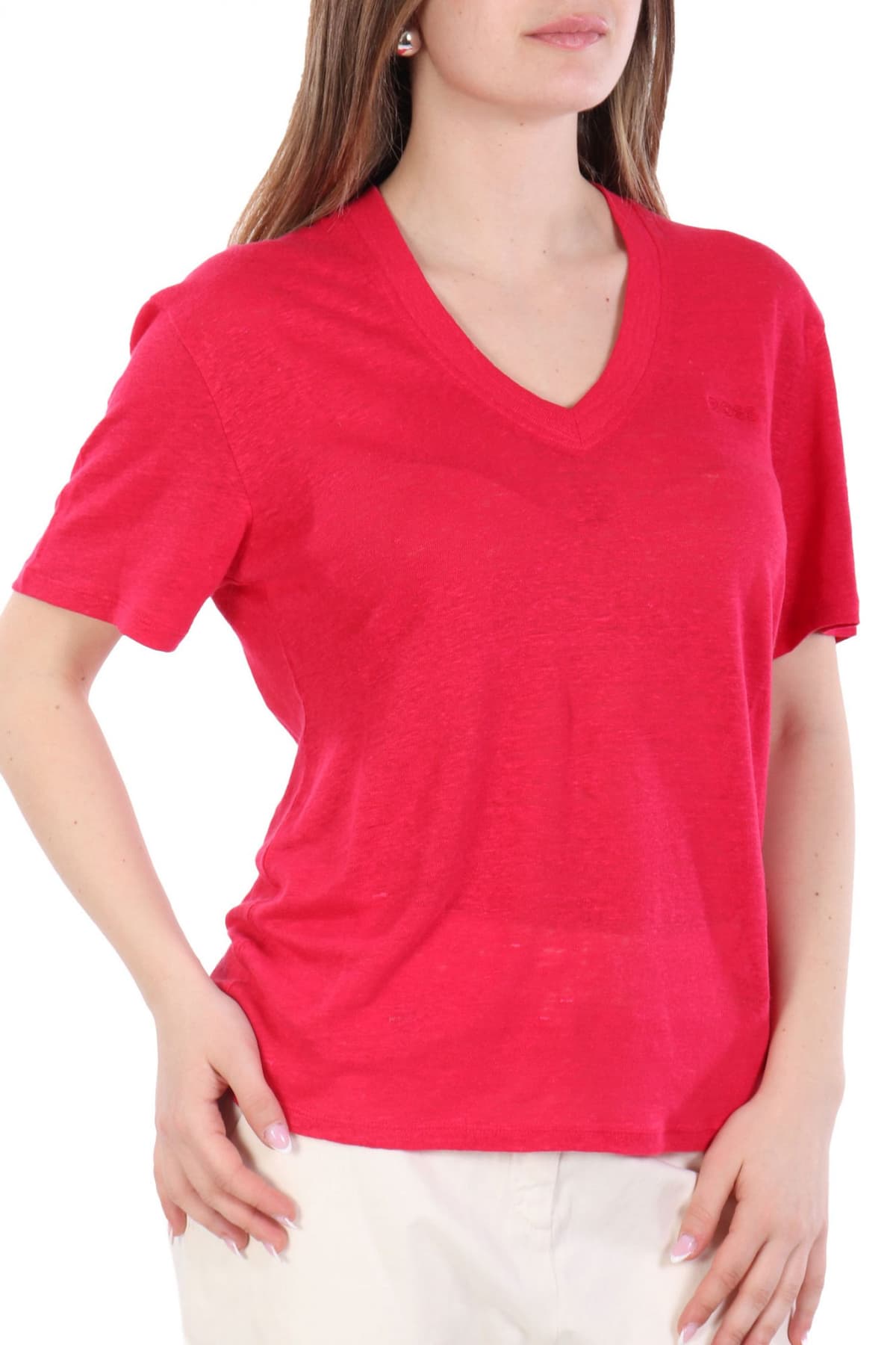 BOSS T-SHIRT C_ELA V-NECK LOGO ΣΚΟΥΡΟ ΡΟΖ