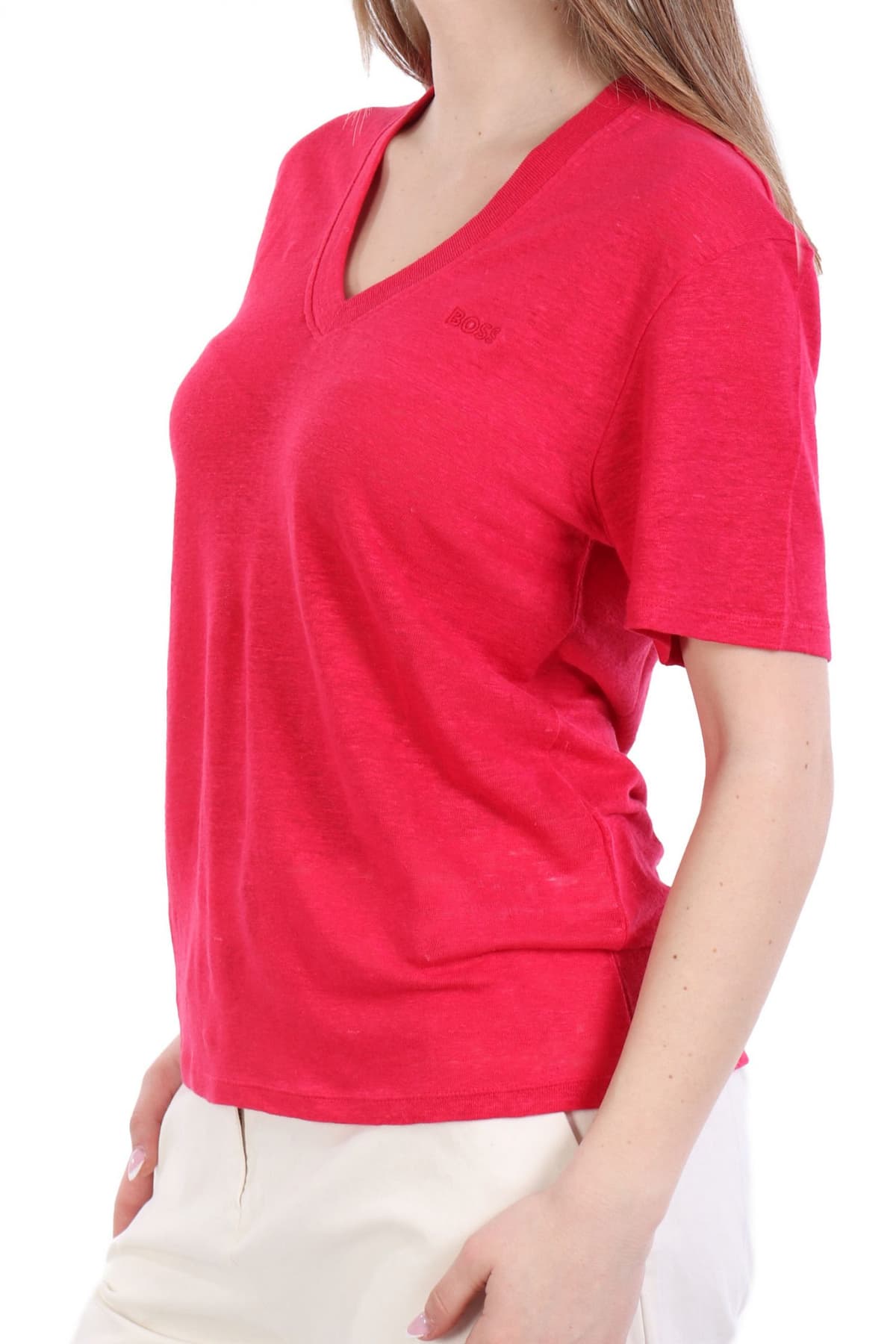 BOSS T-SHIRT C_ELA V-NECK LOGO ΣΚΟΥΡΟ ΡΟΖ