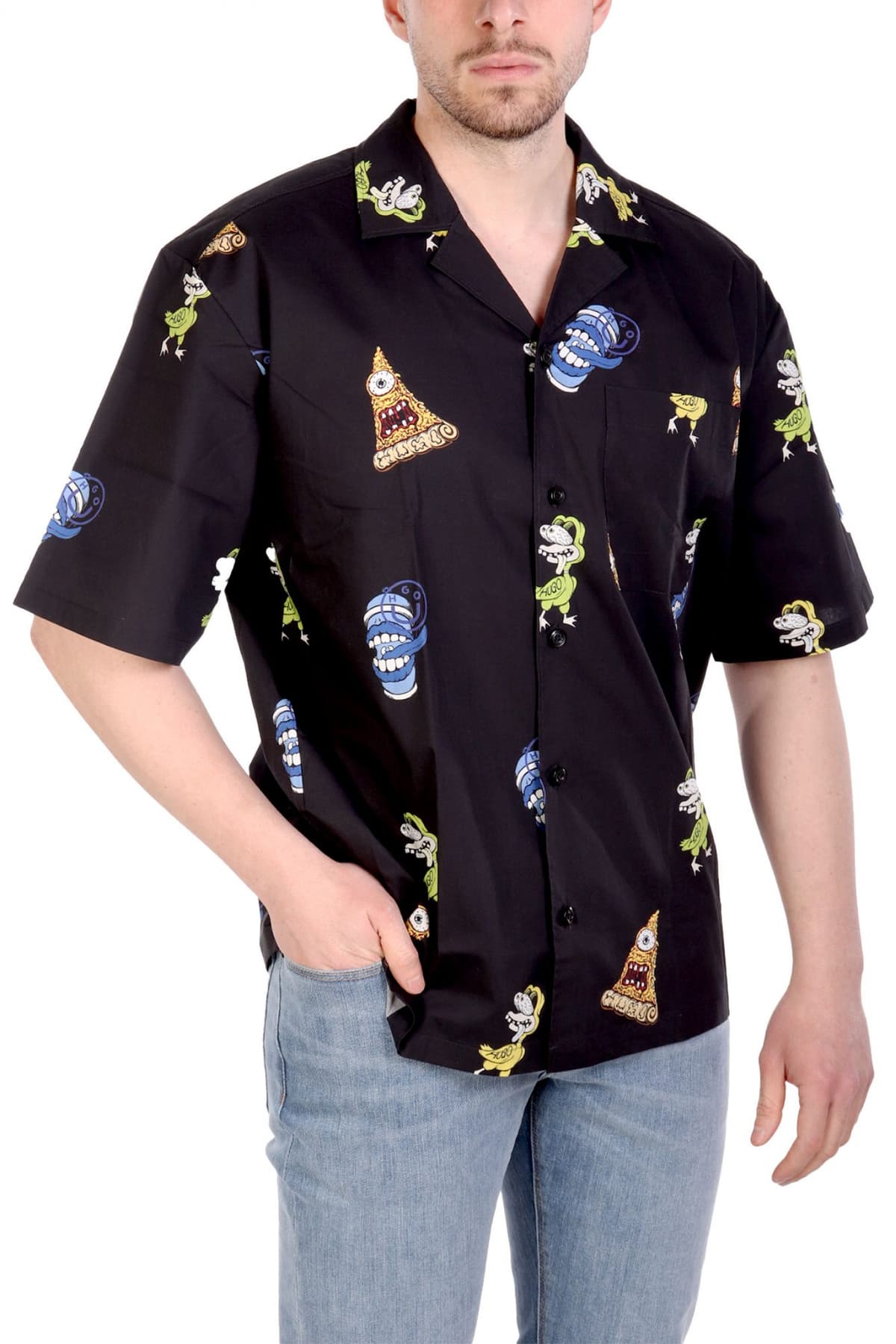 HUGO BLUE ΠΟΥΚΑΜΙΣΟ FLORAL ELIGINO ΜΑΥΡΟ