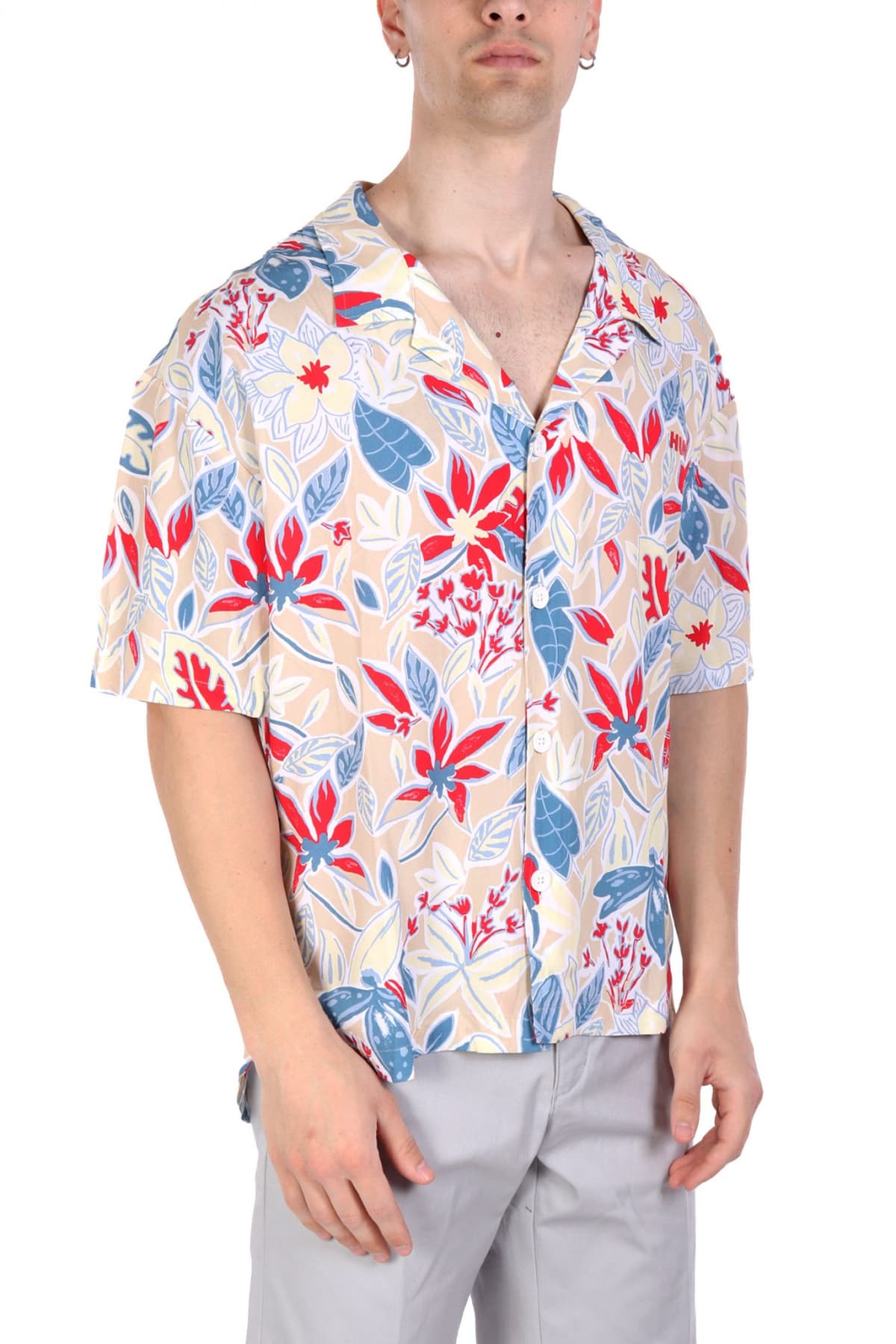 HUGO ΠΟΥΚΑΜΙΣΟ ΚΟΝΤΟΜΑΝΙΚΟ BEACH SHIRT RELAXED LOGO ΠΟΛΥΧΡΩΜΟ