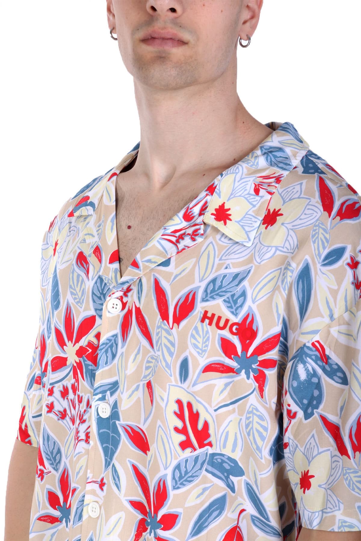 HUGO ΠΟΥΚΑΜΙΣΟ ΚΟΝΤΟΜΑΝΙΚΟ BEACH SHIRT RELAXED LOGO ΠΟΛΥΧΡΩΜΟ