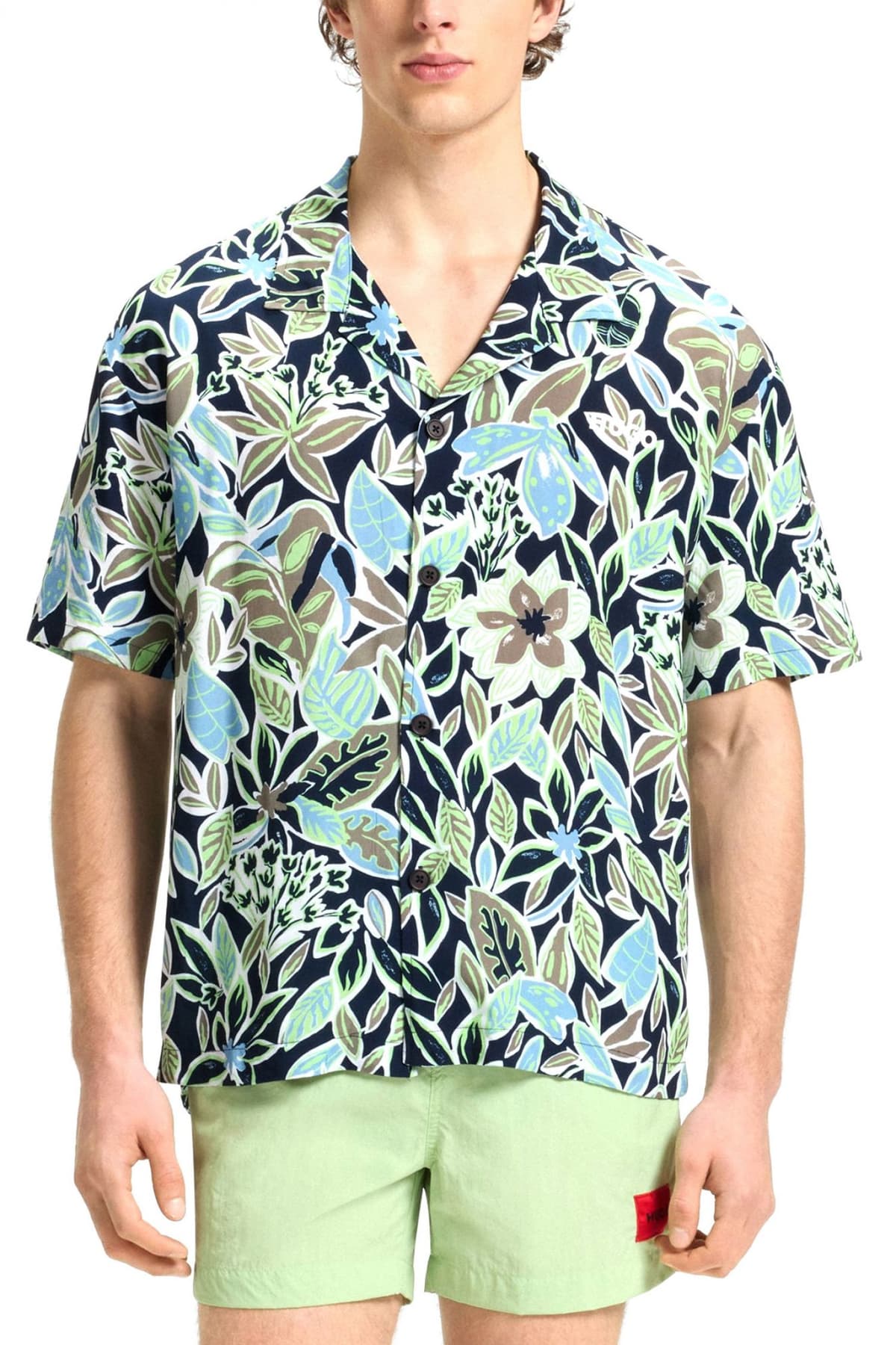HUGO ΠΟΥΚΑΜΙΣΟ ΚΟΝΤΟΜΑΝΙΚΟ BEACH SHIRT RELAXED FLORAL LOGO ΜΠΛΕ-ΠΡΑΣΙΝΟ