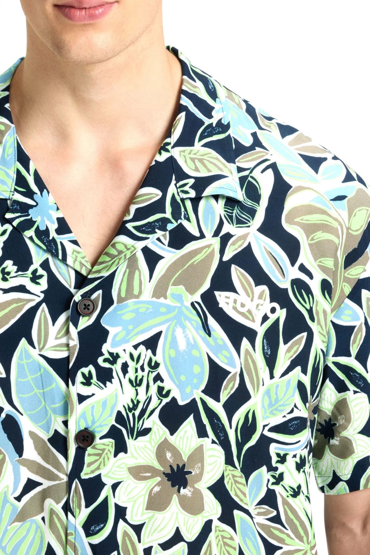 HUGO ΠΟΥΚΑΜΙΣΟ ΚΟΝΤΟΜΑΝΙΚΟ BEACH SHIRT RELAXED FLORAL LOGO ΜΠΛΕ-ΠΡΑΣΙΝΟ