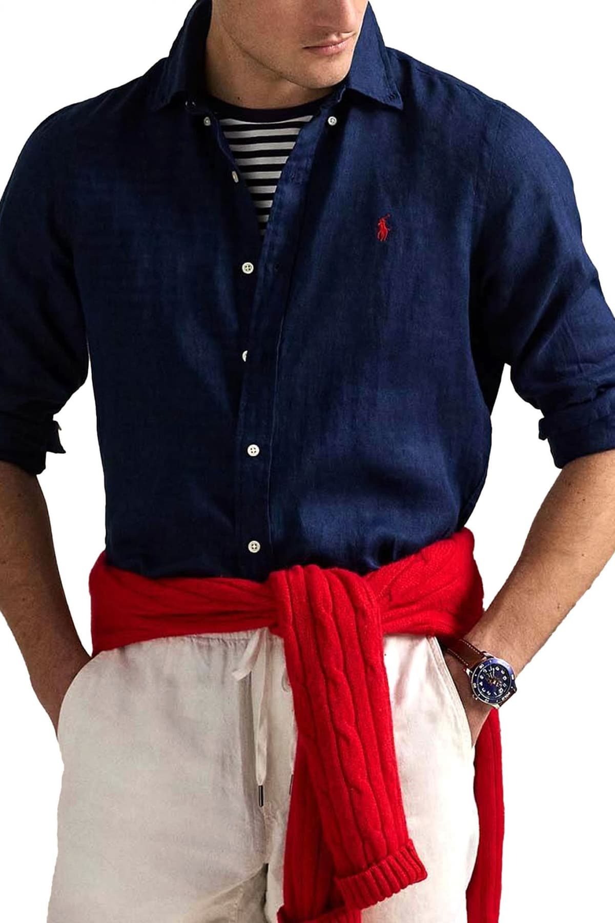 RALPH LAUREN ΠΟΥΚΑΜΙΣΟ BUTTON DOWN ΛΙΝΟ CUSTOM FIT LOGO ΜΠΛΕ