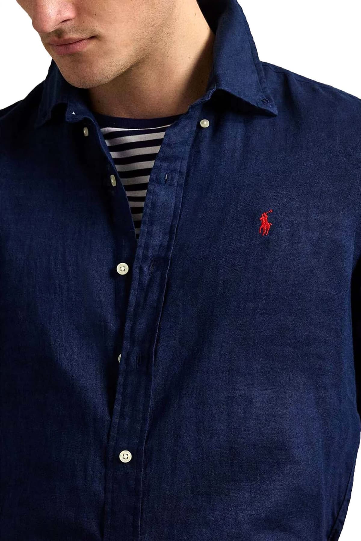 RALPH LAUREN ΠΟΥΚΑΜΙΣΟ BUTTON DOWN ΛΙΝΟ CUSTOM FIT LOGO ΜΠΛΕ