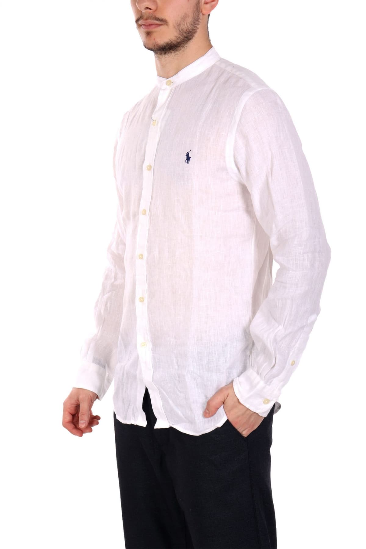 RALPH LAUREN ΠΟΥΚΑΜΙΣΟ ΛΙΝΟ ΜΑΟ SLIM FIT LOGO ΛΕΥΚΟ