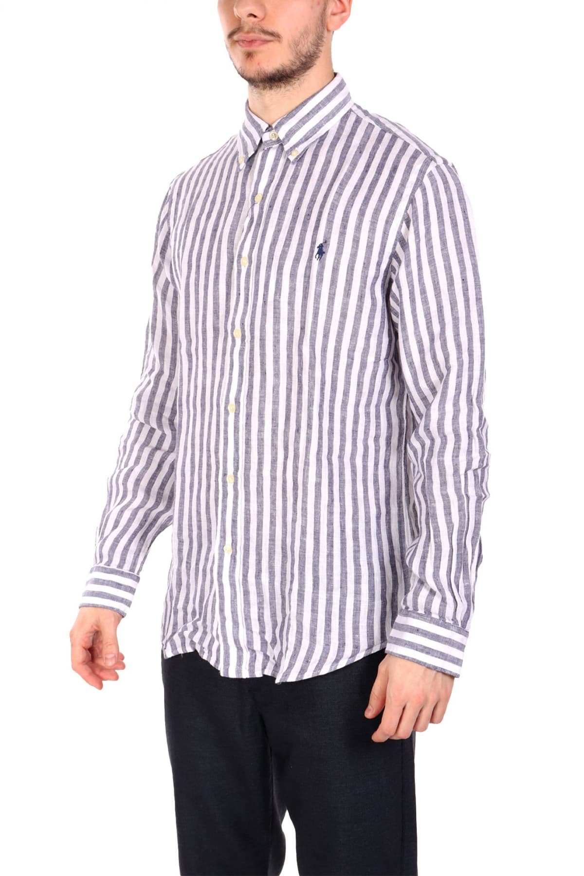 RALPH LAUREN ΠΟΥΚΑΜΙΣΟ ΡΙΓΕ BUTTON DOWN ΛΙΝΟ CUSTOM FIT LOGO ΛΕΥΚΟ-ΜΠΛΕ