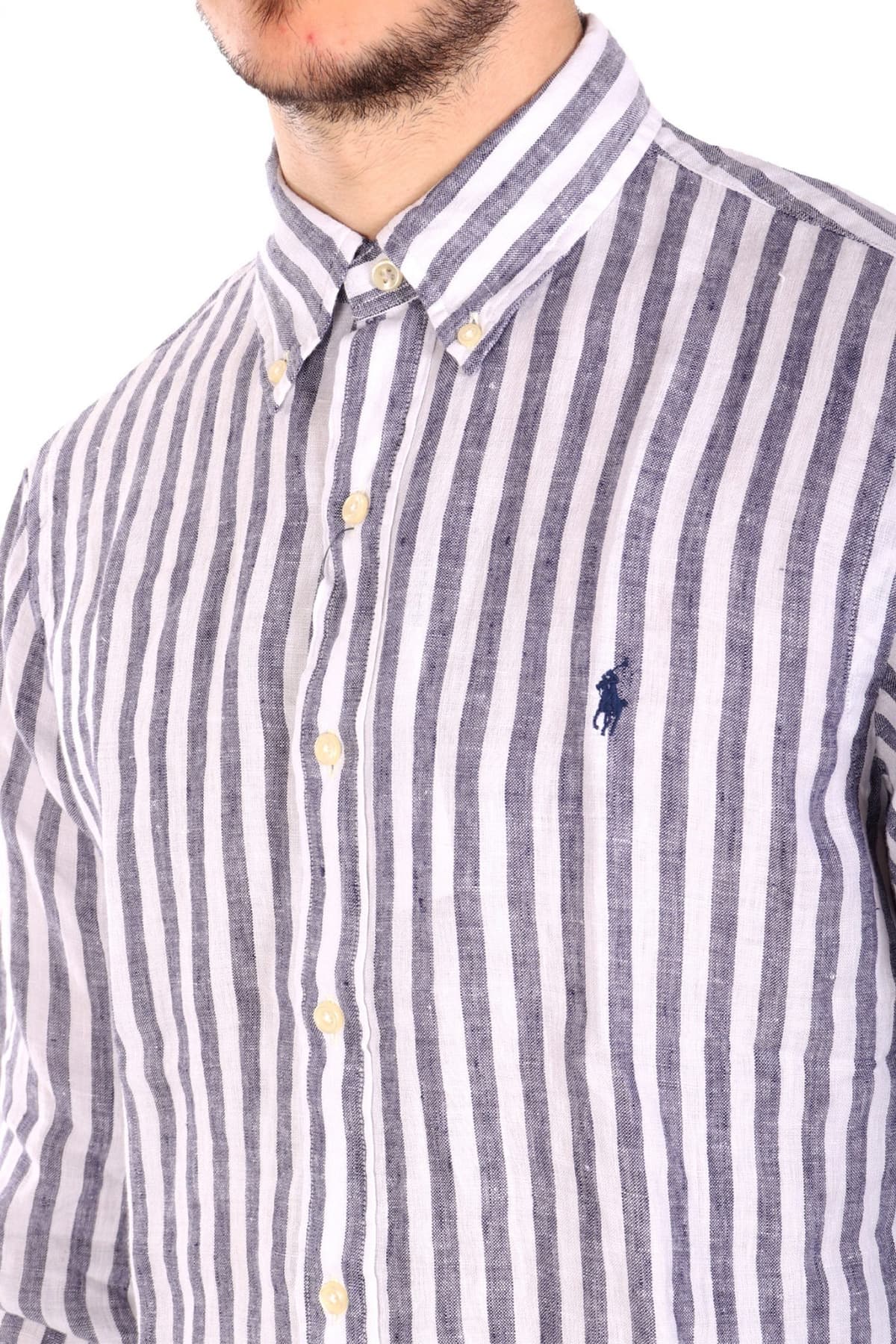 RALPH LAUREN ΠΟΥΚΑΜΙΣΟ ΡΙΓΕ BUTTON DOWN ΛΙΝΟ CUSTOM FIT LOGO ΛΕΥΚΟ-ΜΠΛΕ