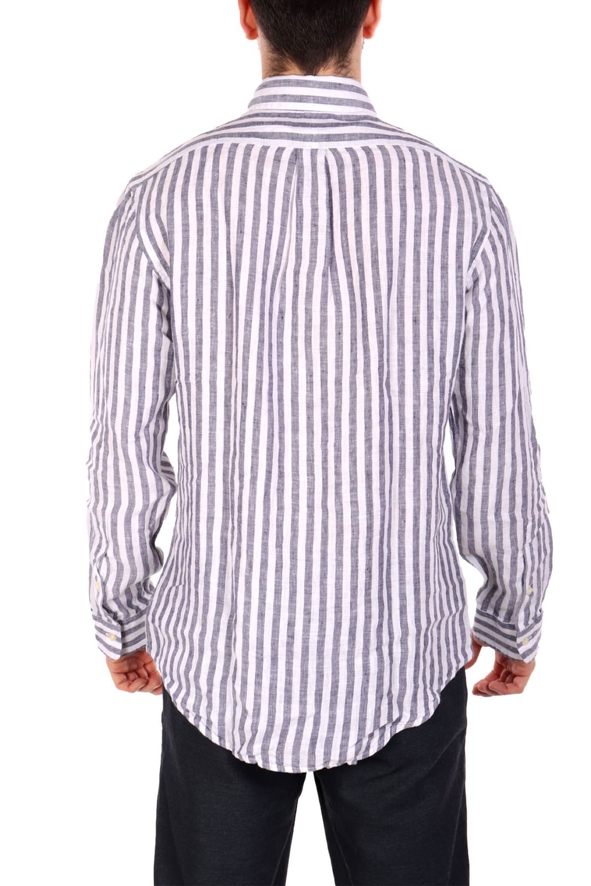 RALPH LAUREN ΠΟΥΚΑΜΙΣΟ ΡΙΓΕ BUTTON DOWN ΛΙΝΟ CUSTOM FIT LOGO ΛΕΥΚΟ-ΜΠΛΕ