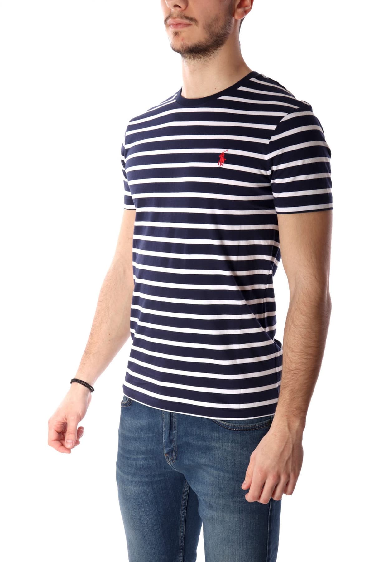 RALPH LAUREN T-SHIRT ΡΙΓΕ CUSTOM SLIM FIT LOGO ΜΠΛΕ-ΛΕΥΚΟ
