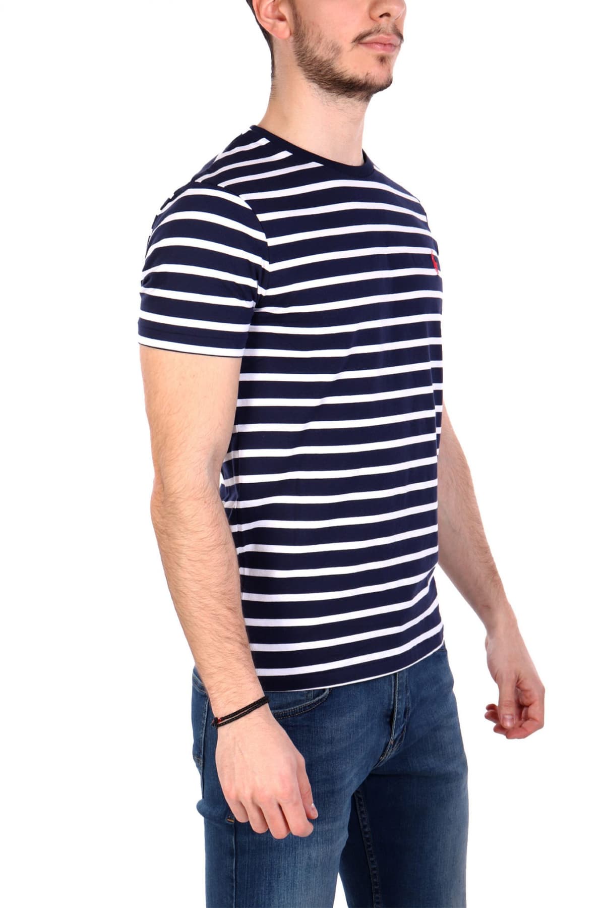 RALPH LAUREN T-SHIRT ΡΙΓΕ CUSTOM SLIM FIT LOGO ΜΠΛΕ-ΛΕΥΚΟ