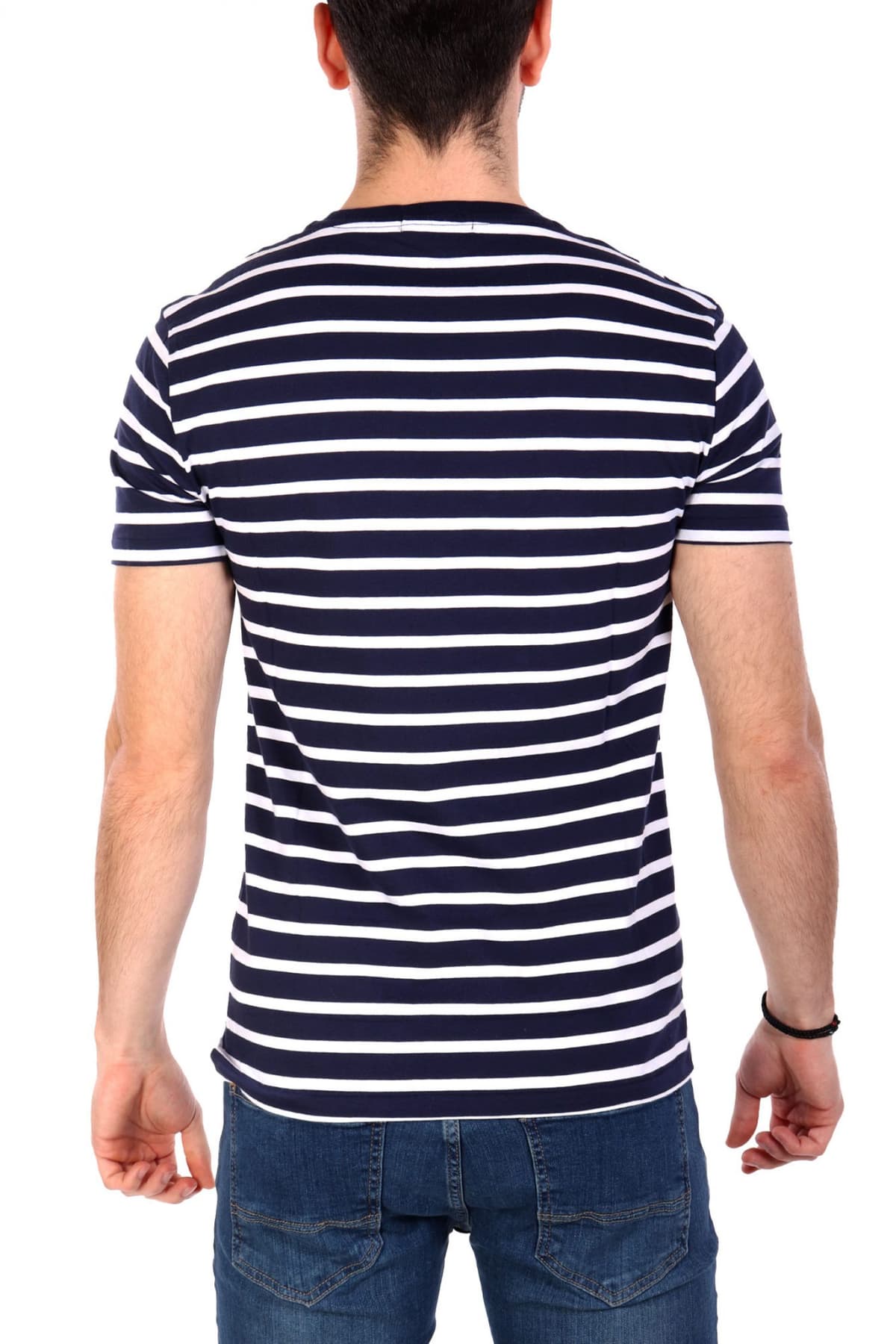 RALPH LAUREN T-SHIRT ΡΙΓΕ CUSTOM SLIM FIT LOGO ΜΠΛΕ-ΛΕΥΚΟ