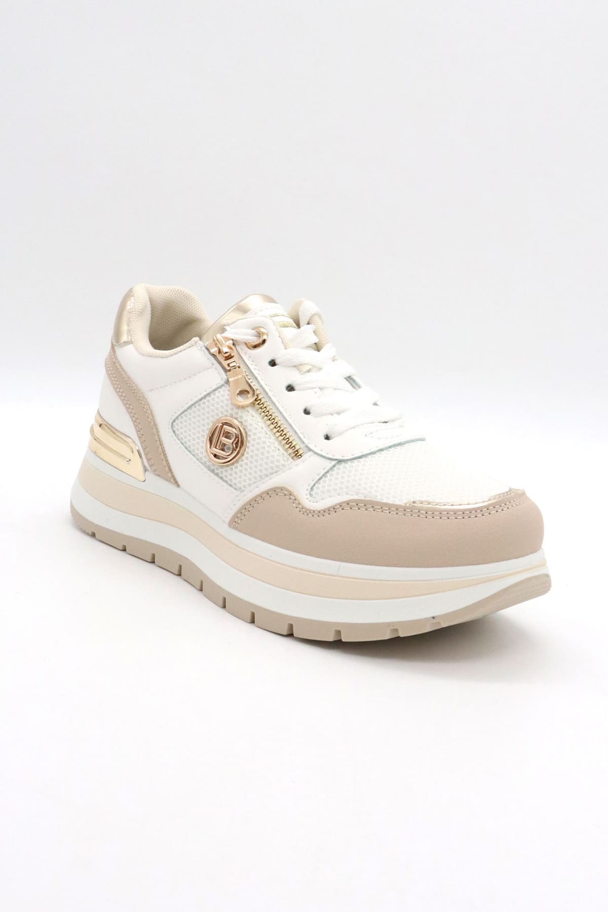 LAURA BIAGIOTTI ΠΑΠΟΥΤΣΙΑ SNEAKERS ΧΡΥΣΕΣ ΛΕΠΤΟΜΕΡΕΙΕΣ ΜΕΤΑΛΛΙΚΟ LOGO ΜΠΕΖ/ΛΕΥΚΟ