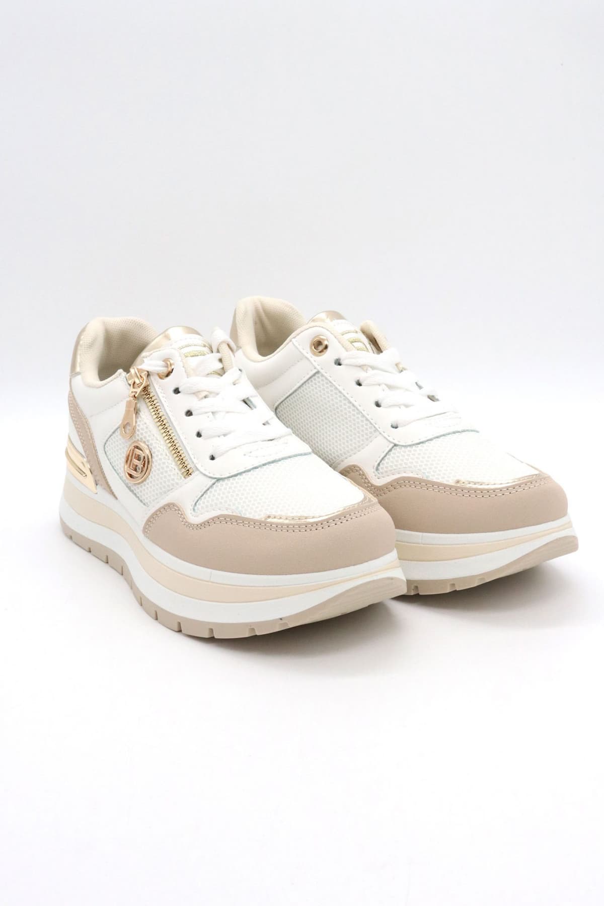 LAURA BIAGIOTTI ΠΑΠΟΥΤΣΙΑ SNEAKERS ΧΡΥΣΕΣ ΛΕΠΤΟΜΕΡΕΙΕΣ ΜΕΤΑΛΛΙΚΟ LOGO ΜΠΕΖ/ΛΕΥΚΟ