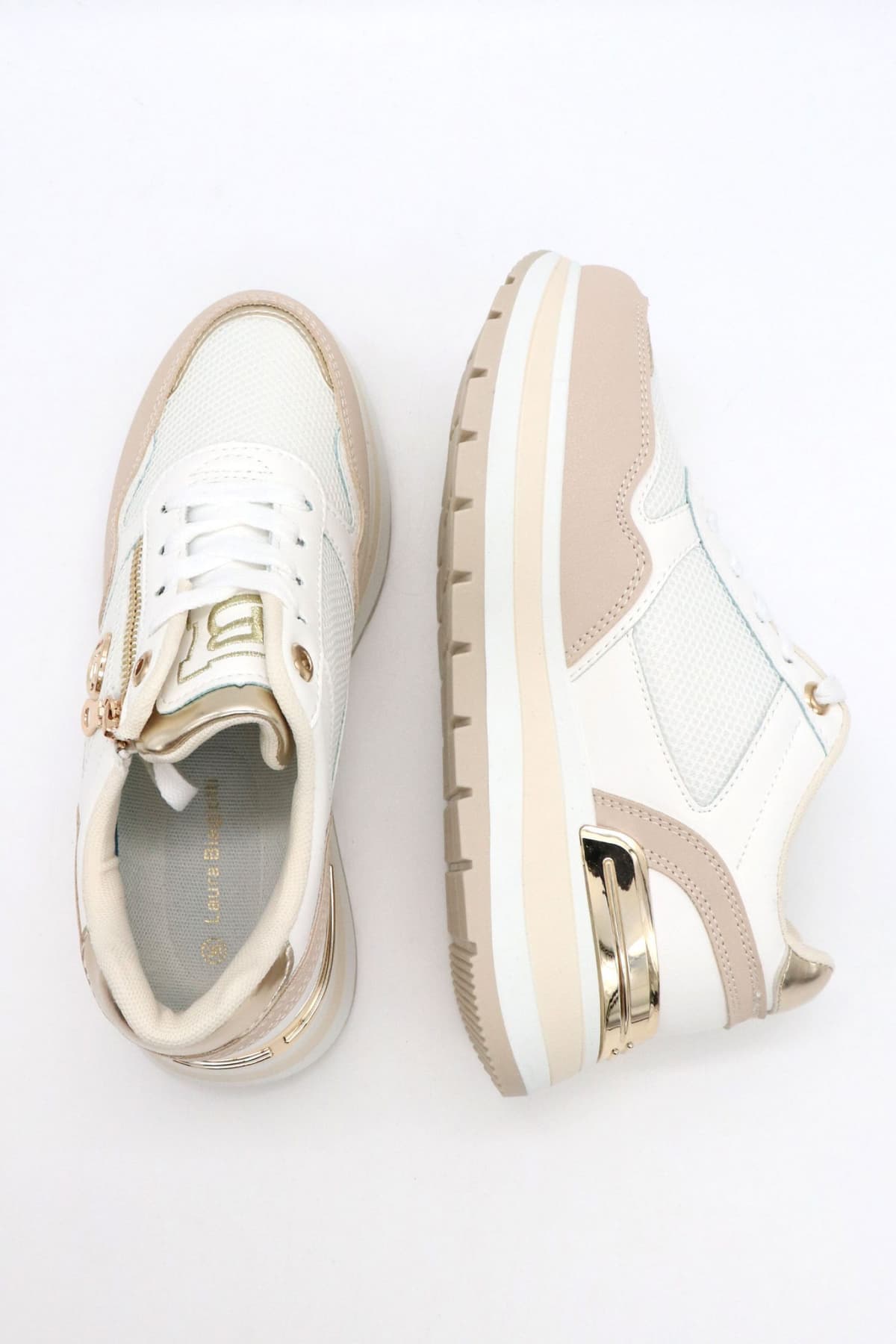 LAURA BIAGIOTTI ΠΑΠΟΥΤΣΙΑ SNEAKERS ΧΡΥΣΕΣ ΛΕΠΤΟΜΕΡΕΙΕΣ ΜΕΤΑΛΛΙΚΟ LOGO ΜΠΕΖ/ΛΕΥΚΟ