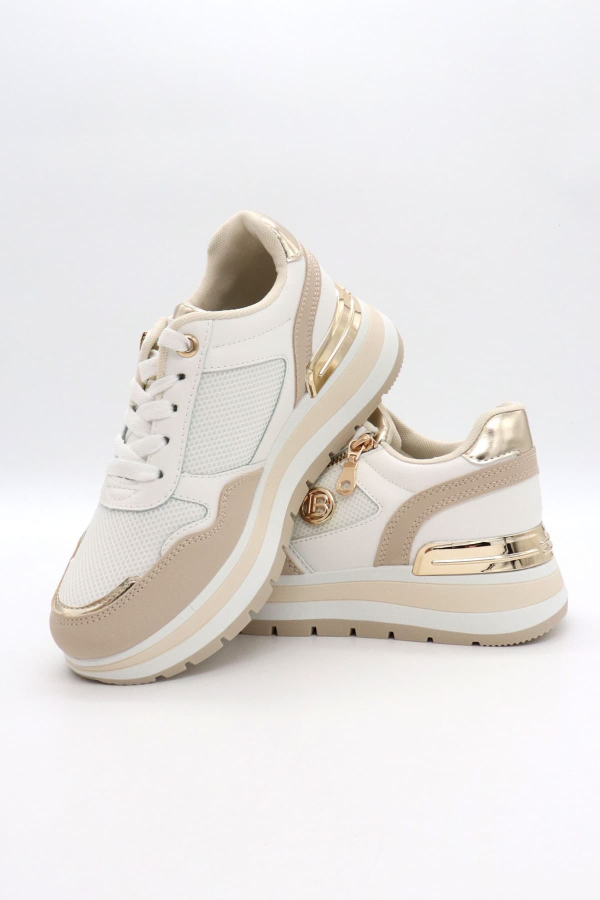 LAURA BIAGIOTTI ΠΑΠΟΥΤΣΙΑ SNEAKERS ΧΡΥΣΕΣ ΛΕΠΤΟΜΕΡΕΙΕΣ ΜΕΤΑΛΛΙΚΟ LOGO ΜΠΕΖ/ΛΕΥΚΟ