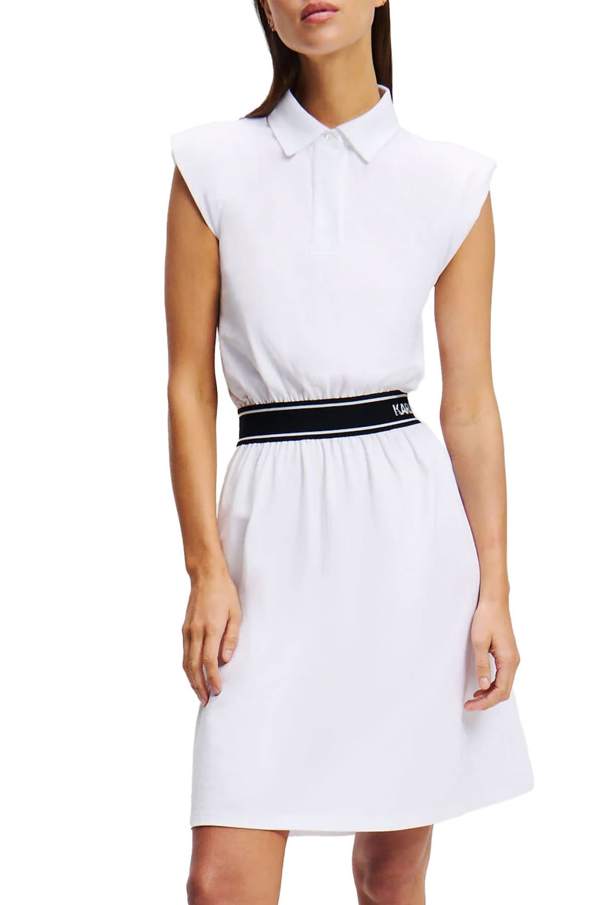 KARL LAGERFELD ΦΟΡΕΜΑ MINI JERSEY POLO DRESS ΒΑΤΕΣ ΛΑΣΤΙΧΟ ΜΕΣΗ LOGO ΛΕΥΚΟ