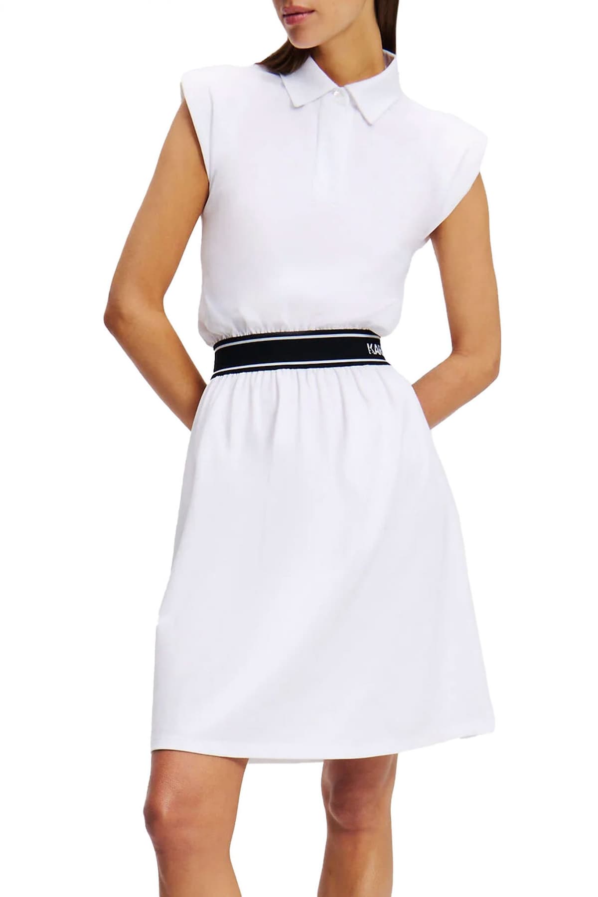 KARL LAGERFELD ΦΟΡΕΜΑ MINI JERSEY POLO DRESS ΒΑΤΕΣ ΛΑΣΤΙΧΟ ΜΕΣΗ LOGO ΛΕΥΚΟ