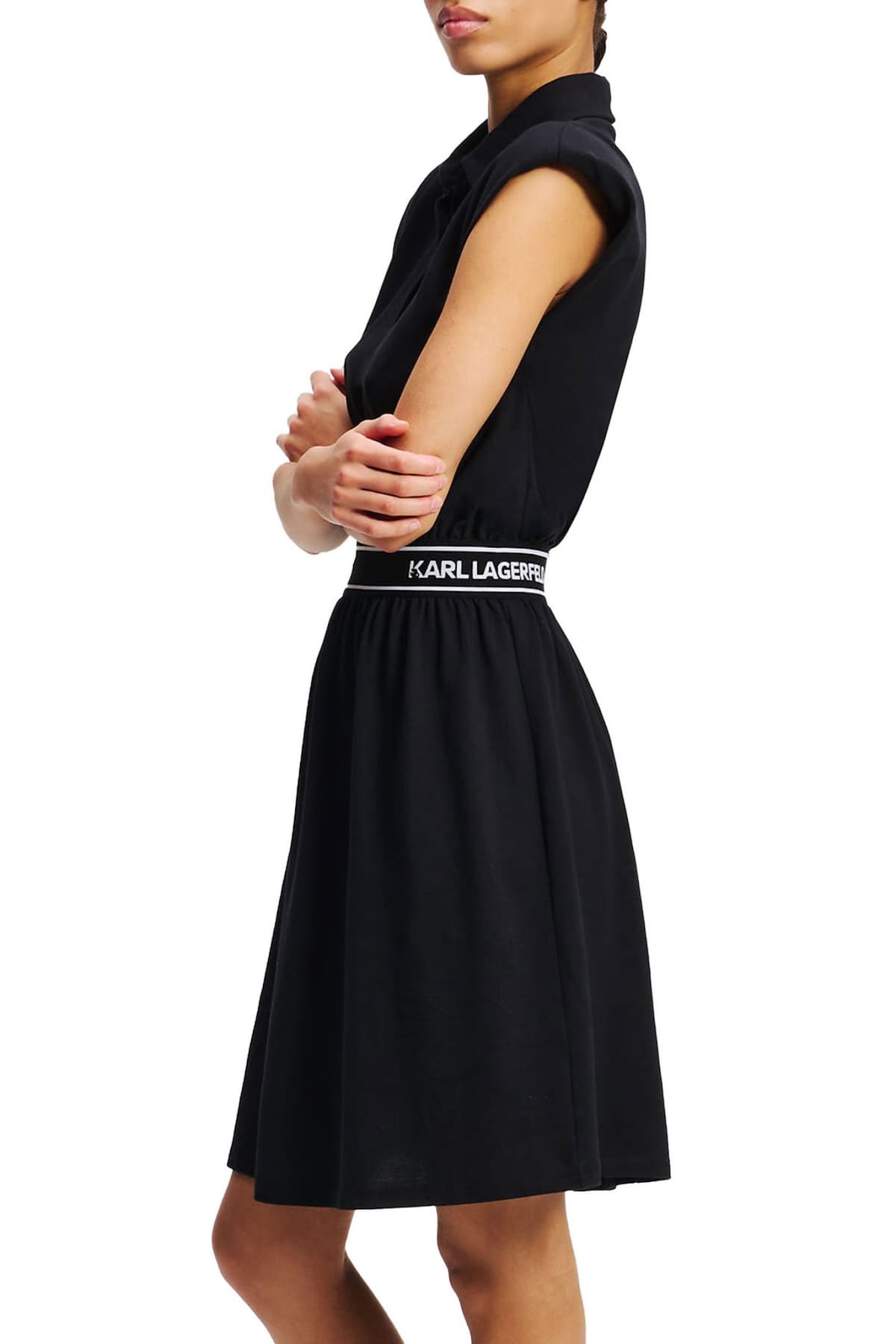 KARL LAGERFELD ΦΟΡΕΜΑ MINI JERSEY POLO DRESS ΒΑΤΕΣ ΛΑΣΤΙΧΟ ΜΕΣΗ LOGO ΜΑΥΡΟ