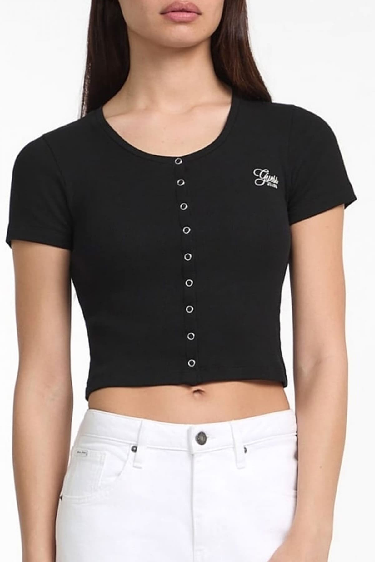 GUESS JEANS CROP TOP ΜΕ ΚΟΥΜΠΙΑ ΡΙΠ LOGO ΜΑΥΡΟ