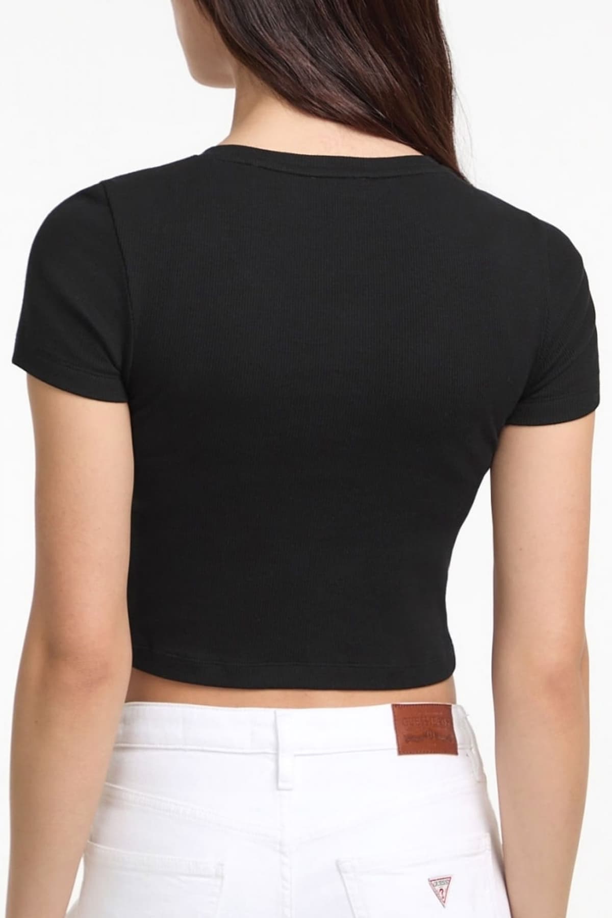 GUESS JEANS CROP TOP ΜΕ ΚΟΥΜΠΙΑ ΡΙΠ LOGO ΜΑΥΡΟ