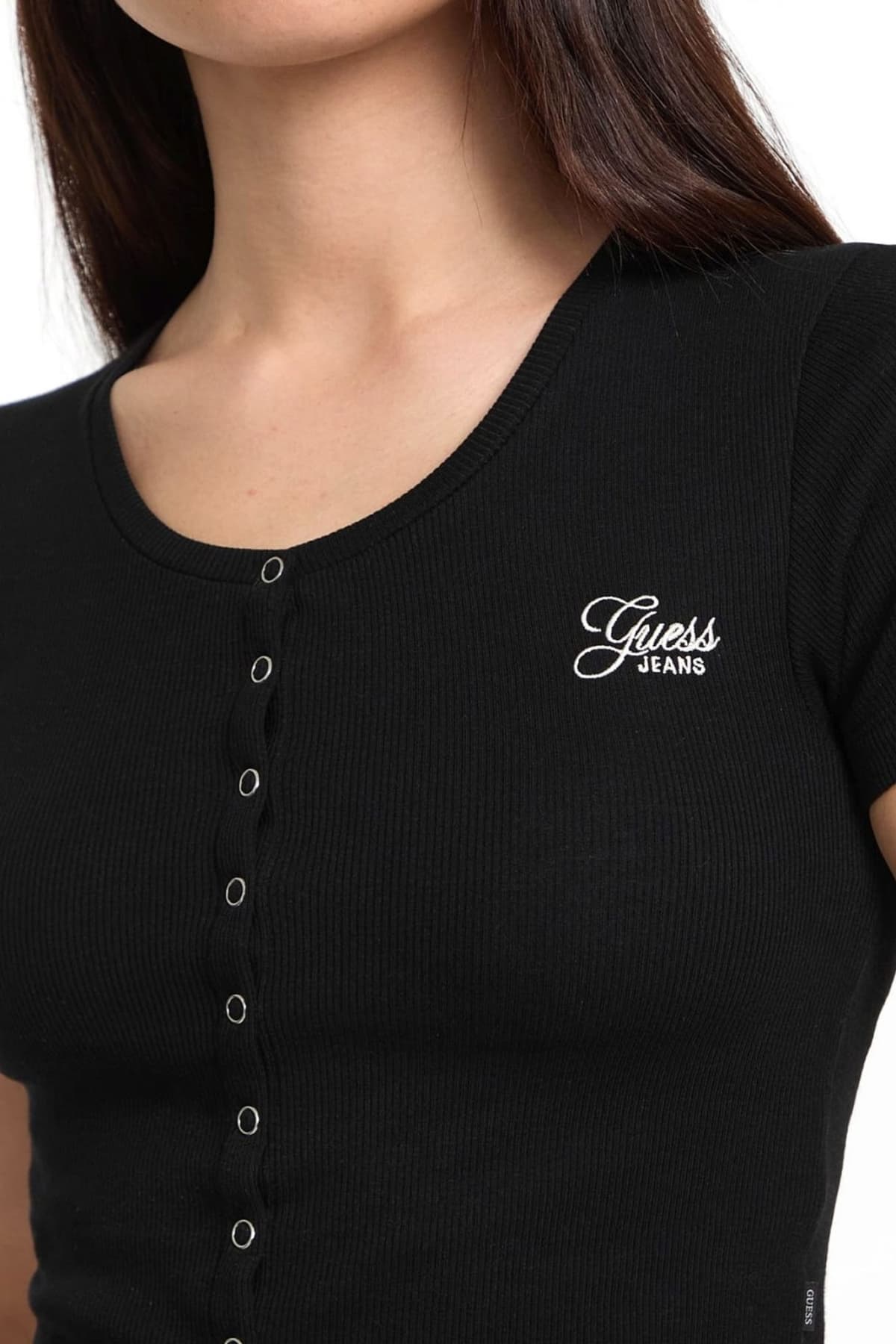 GUESS JEANS CROP TOP ΜΕ ΚΟΥΜΠΙΑ ΡΙΠ LOGO ΜΑΥΡΟ