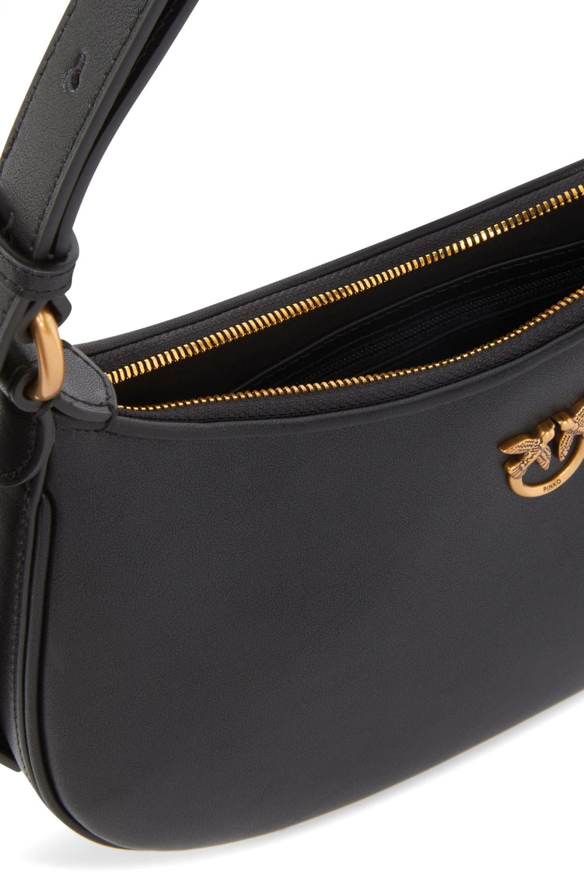 PINKO ΤΣΑΝΤΑ ΩΜΟΥ HALF MOON MINI FL VITELLO SETA ΜΑΥΡΟ-ANTIQUE GOLD