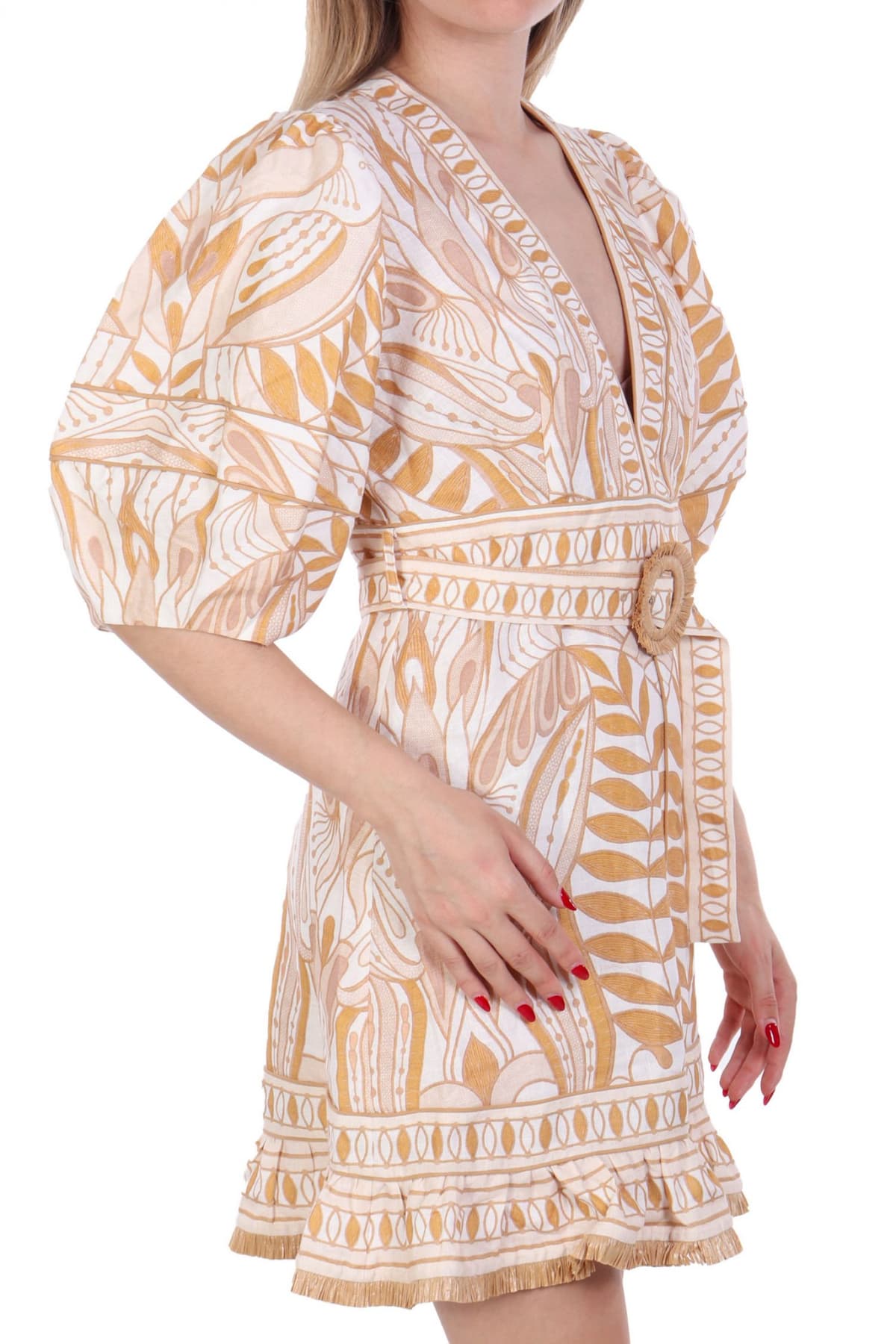 FARM RIO ΦΟΡΕΜΑ MINI LACE NATURE ΕΜΠΡΙΜΕ V-NECK ΑΠΟΣΠΩΜΕΝΗ ΖΩΝΗ ΒΟΛΑΝ ΚΑΤΩ ΚΡΟΣΙΑ ΕΚΡΟΥ-ΜΠΕΖ