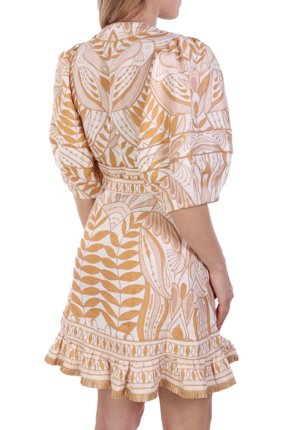 FARM RIO ΦΟΡΕΜΑ MINI LACE NATURE ΕΜΠΡΙΜΕ V-NECK ΑΠΟΣΠΩΜΕΝΗ ΖΩΝΗ ΒΟΛΑΝ ΚΑΤΩ ΚΡΟΣΙΑ ΕΚΡΟΥ-ΜΠΕΖ