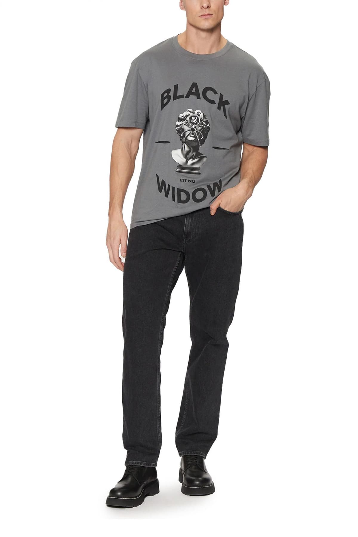 HUGO T-SHIRT DOSTALGI RELAXED FIT LOGO ΓΚΡΙ