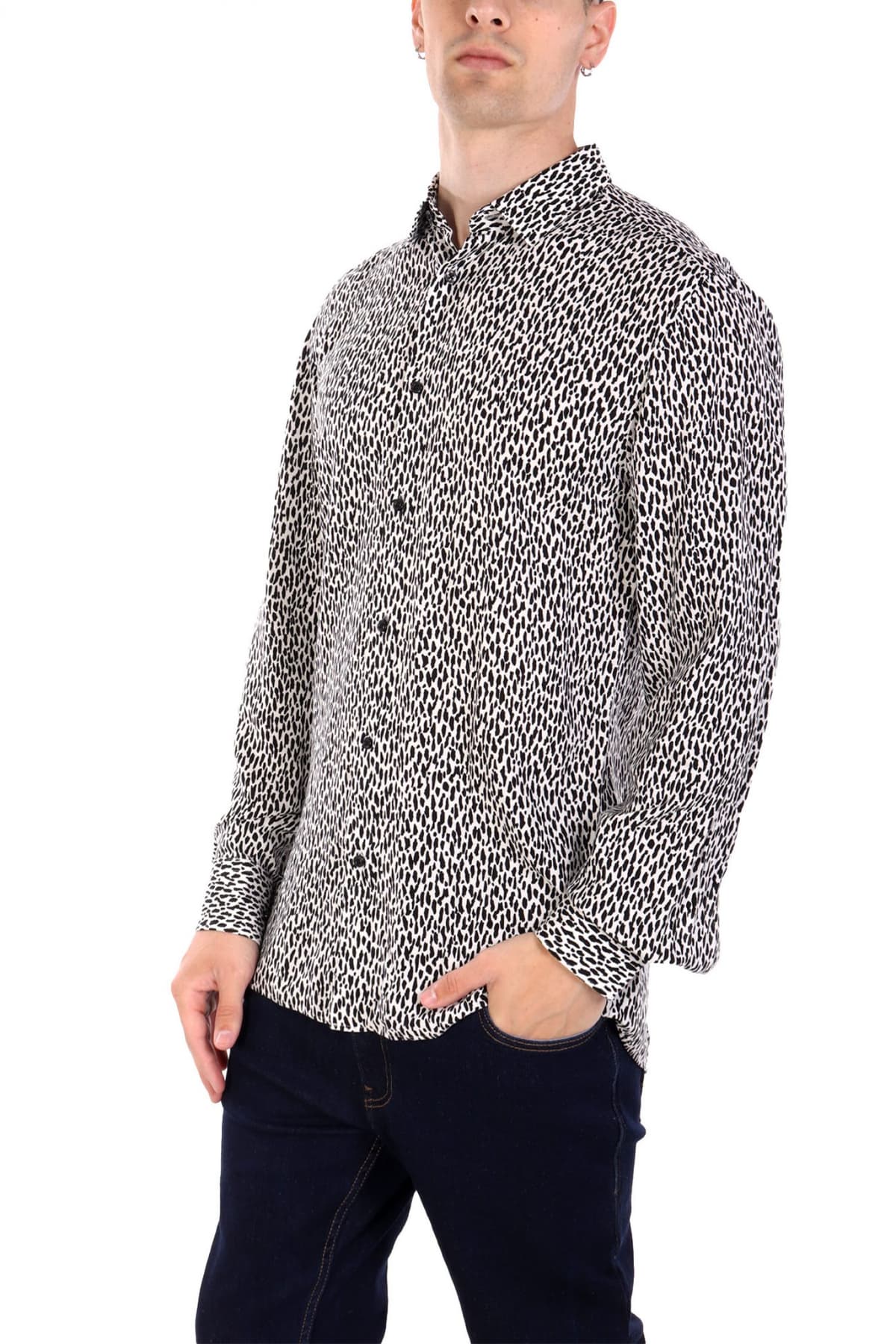 HUGO ΠΟΥΚΑΜΙΣΟ ELISHA02 EXTRA-SLIM FIT ΜΙΚΡΟΣΧΕΔΙΟ ΜΑΥΡΟ-ΛΕΥΚΟ