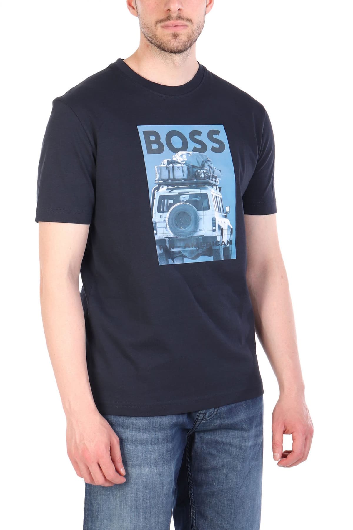 BOSS CASUAL T-SHIRT ΜΕ ΣΤΑΜΠΑ REGULAR FIT TE_MEXTOUR ΣΚΟΥΡΟ ΜΠΛΕ